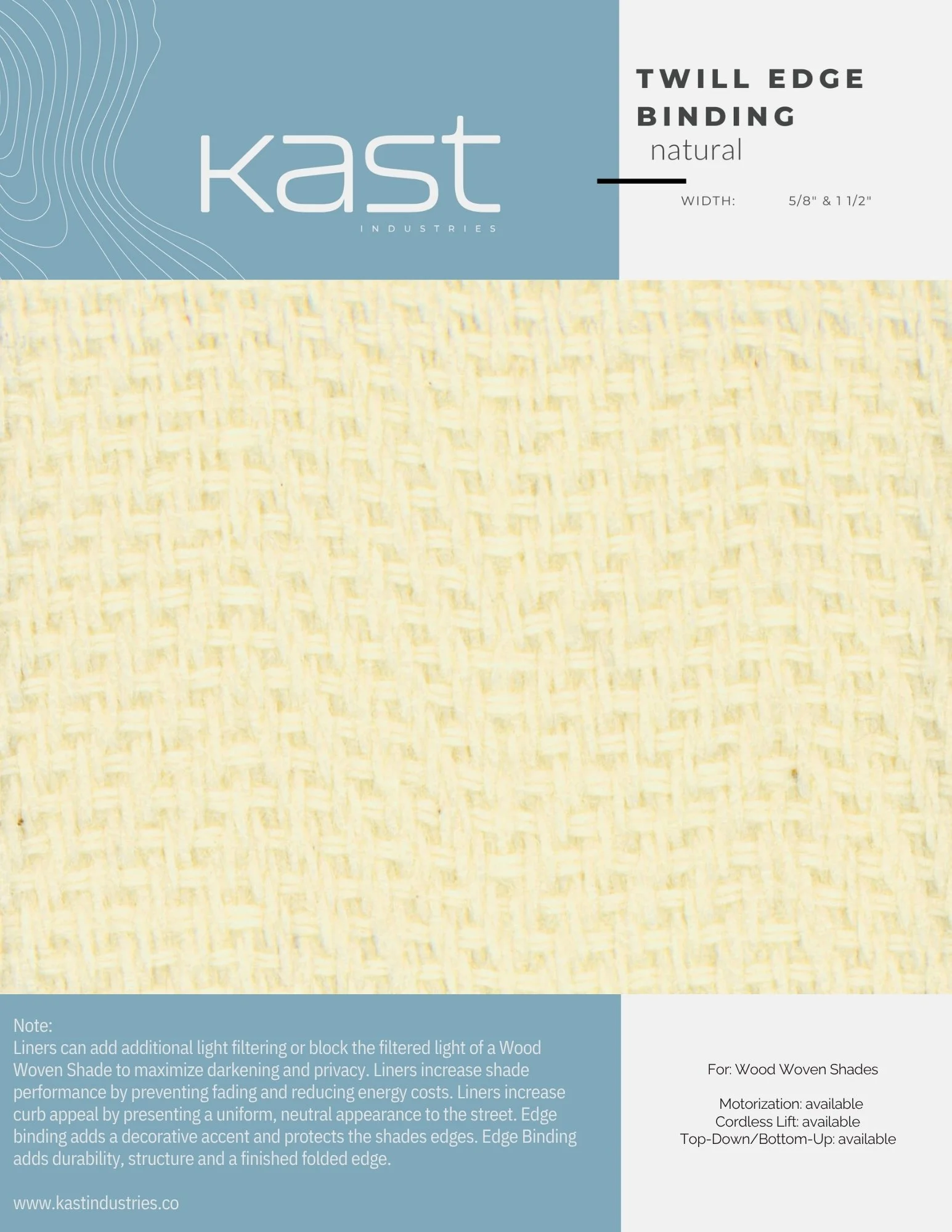 Packaging for Kast Twill Edge Binding natural wood woven shade, 5/8 inch and 1 1/2 inch widths, with descriptive text about darkening, privacy, and durability features.