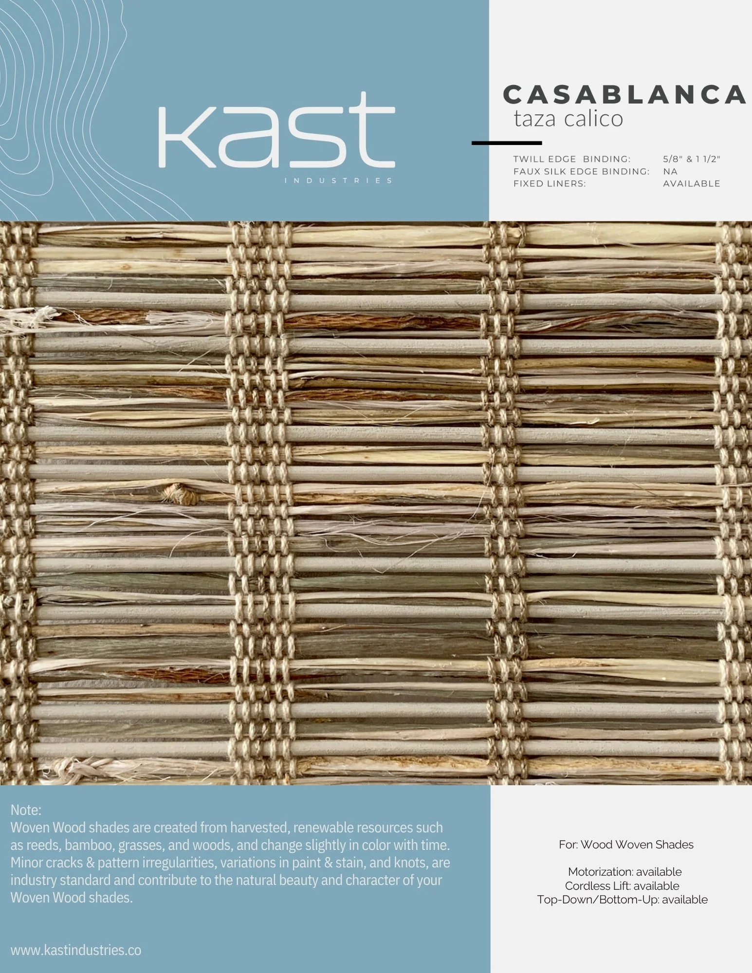 Close-up of woven wooden window shade with packaging label from Kast Industries, labeled Casablanca Taza Calico.