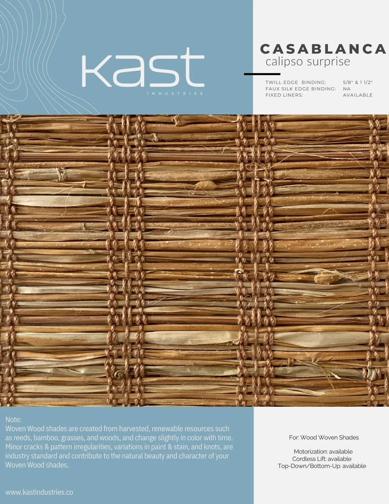 Close-up of a woven wood shade with a light brown color, part of the packaging for Kast Industries' Casablanca Calipso Surprise wood woven shade.