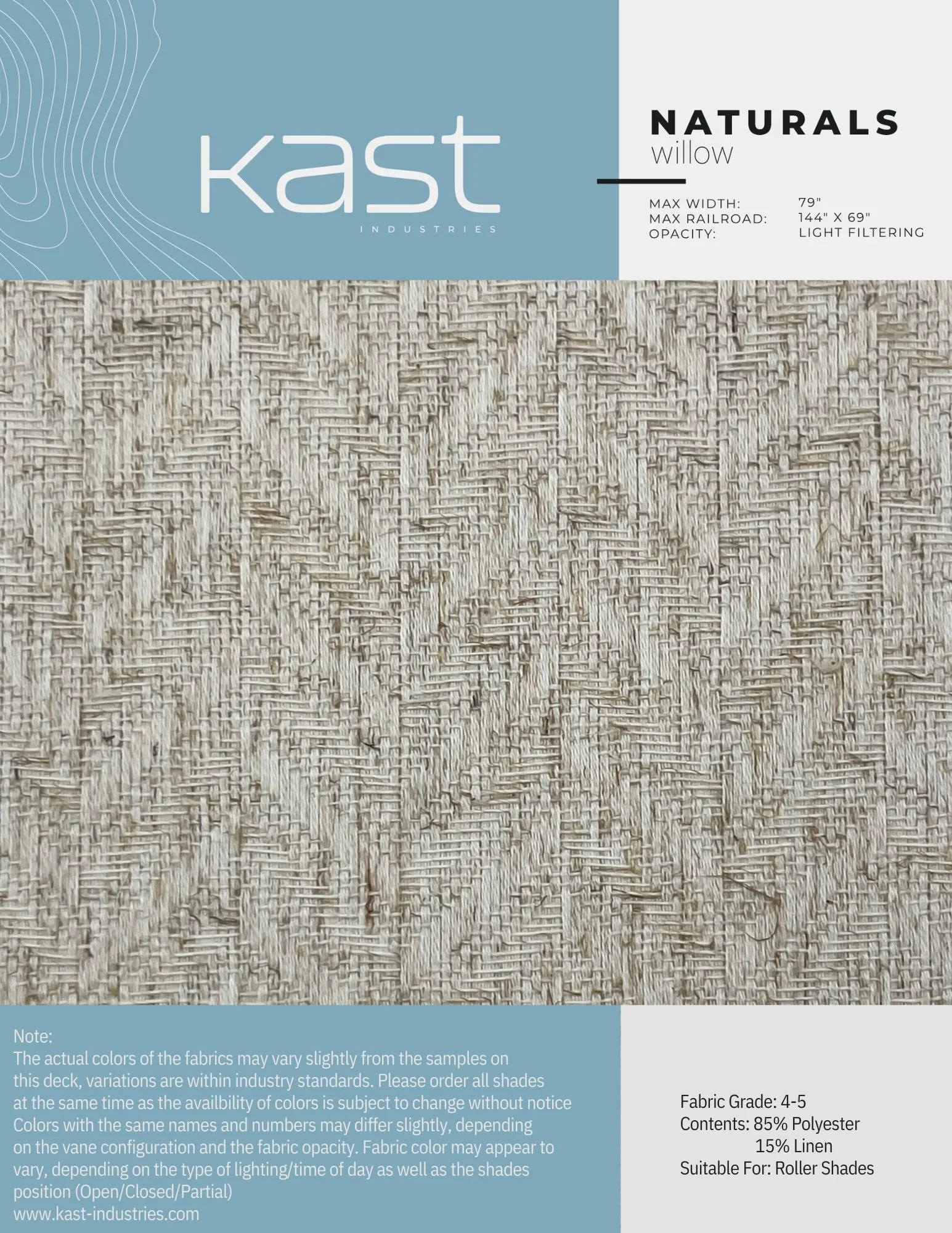 Display of Kast Industries Naturals Willow roller shade fabric with a textured, woven appearance in light neutral colors.