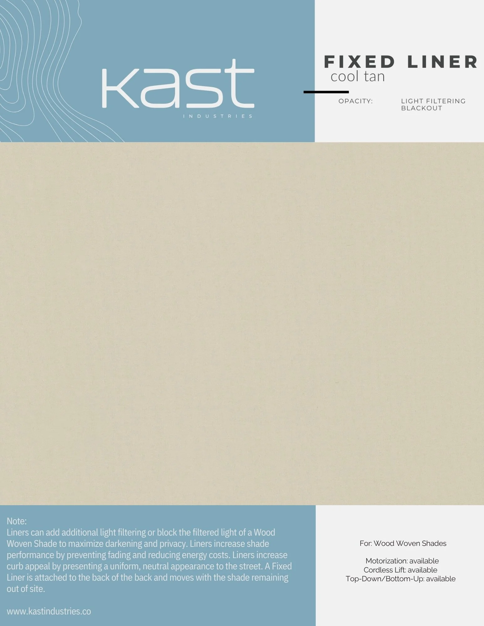 Packaging for Kast Industries fixed liner window covering in cool tan color.