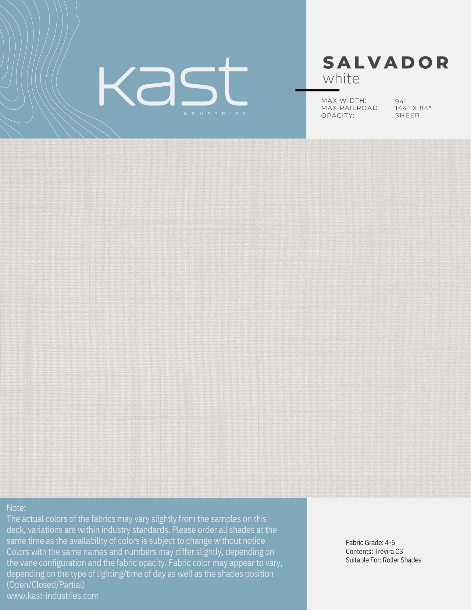 Packaging cover for Kast Industries' Salvador white roller shades, showing fabric details, size specifications, and usage notes.