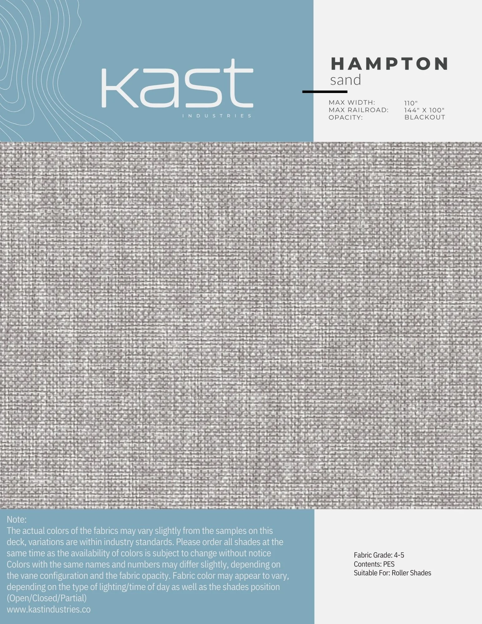 Sample swatch of beige fabric called Hampton Sand for roller shades, with a textured appearance and a note about color variation and fabric details.