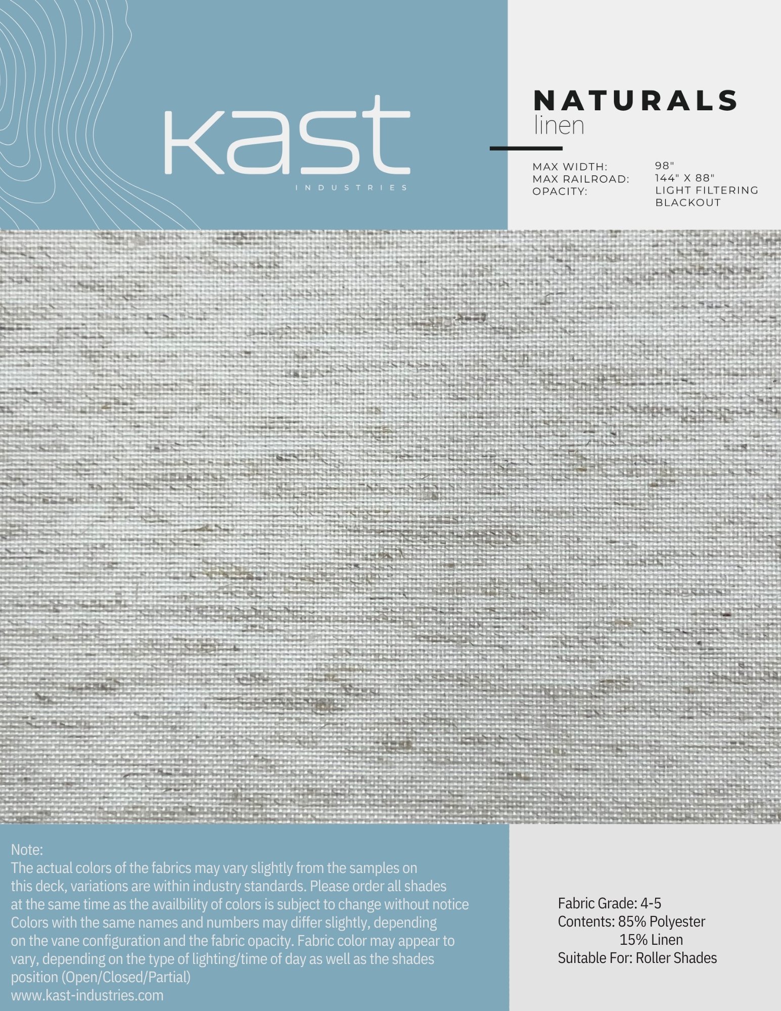 Sample of linen fabric from Kast Industries in natural color, with a light filtering blackout opacity, 98-inch width, 144x88 inch max rail road, suitable for roller shades, made of 85% polyester and 15% linen.