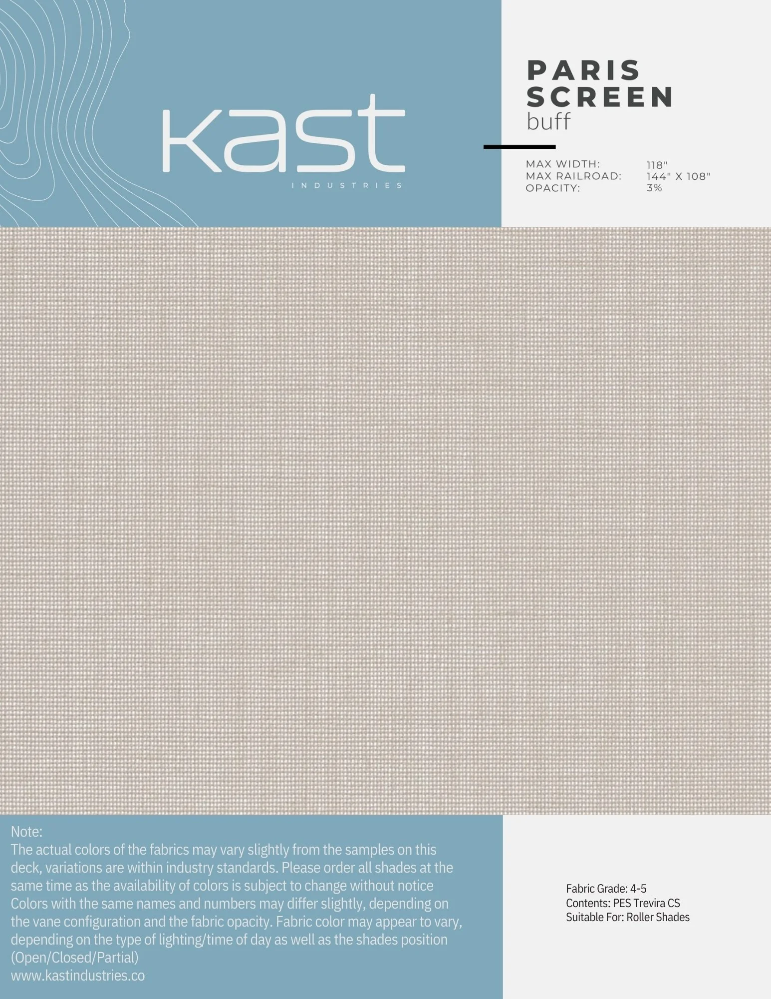 A fabric sample card from Kast Industries for Paris Screen buff, with a light beige, textured fabric. The card provides details about the fabric's width, raiload dimensions, opacity, and color grade.