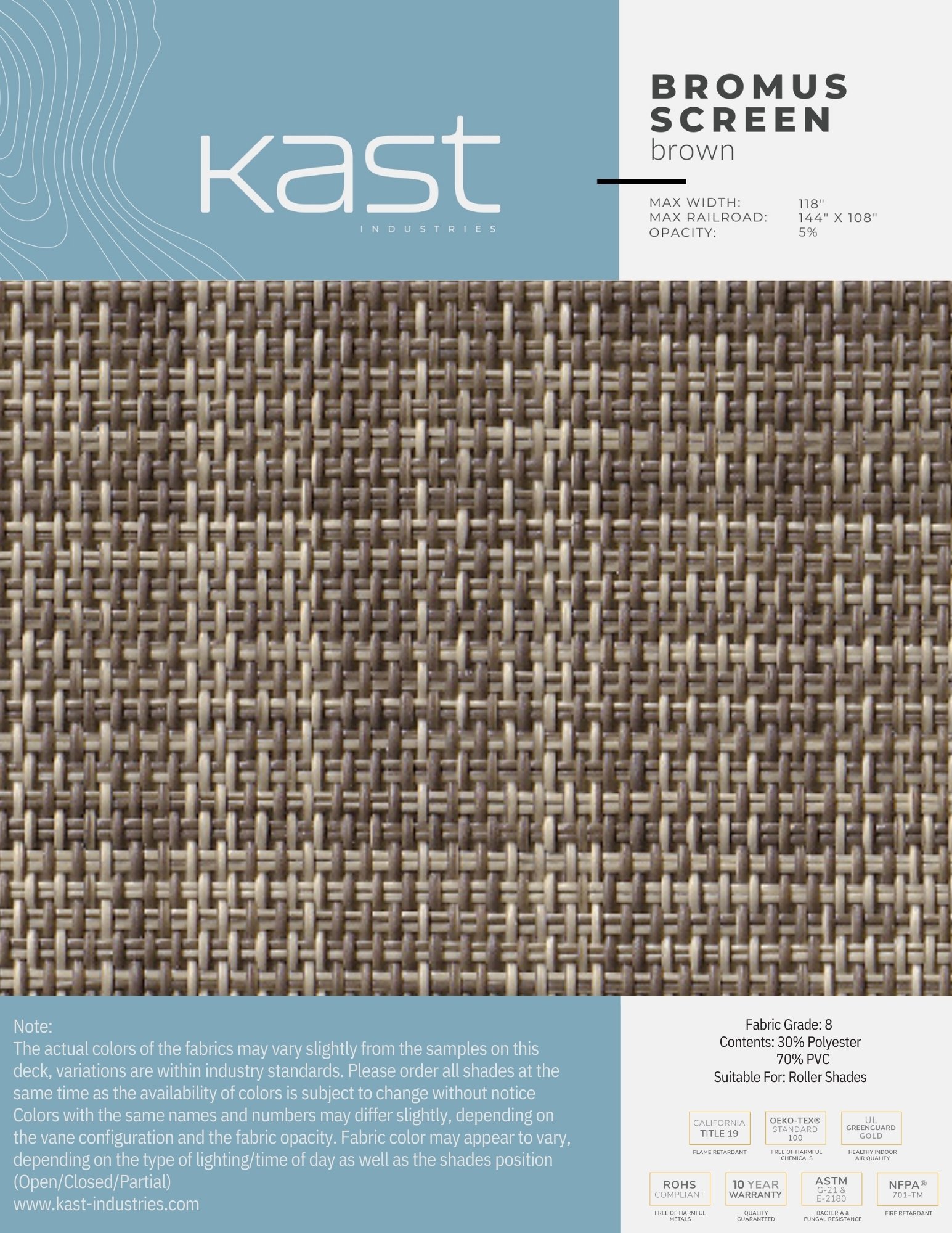 Sample of woven brown outdoor roller shade fabric from Kast Industries, made of 30% polyester and 70% PVC, suitable for roller shades, with a kiln-dried green guard gold certification.