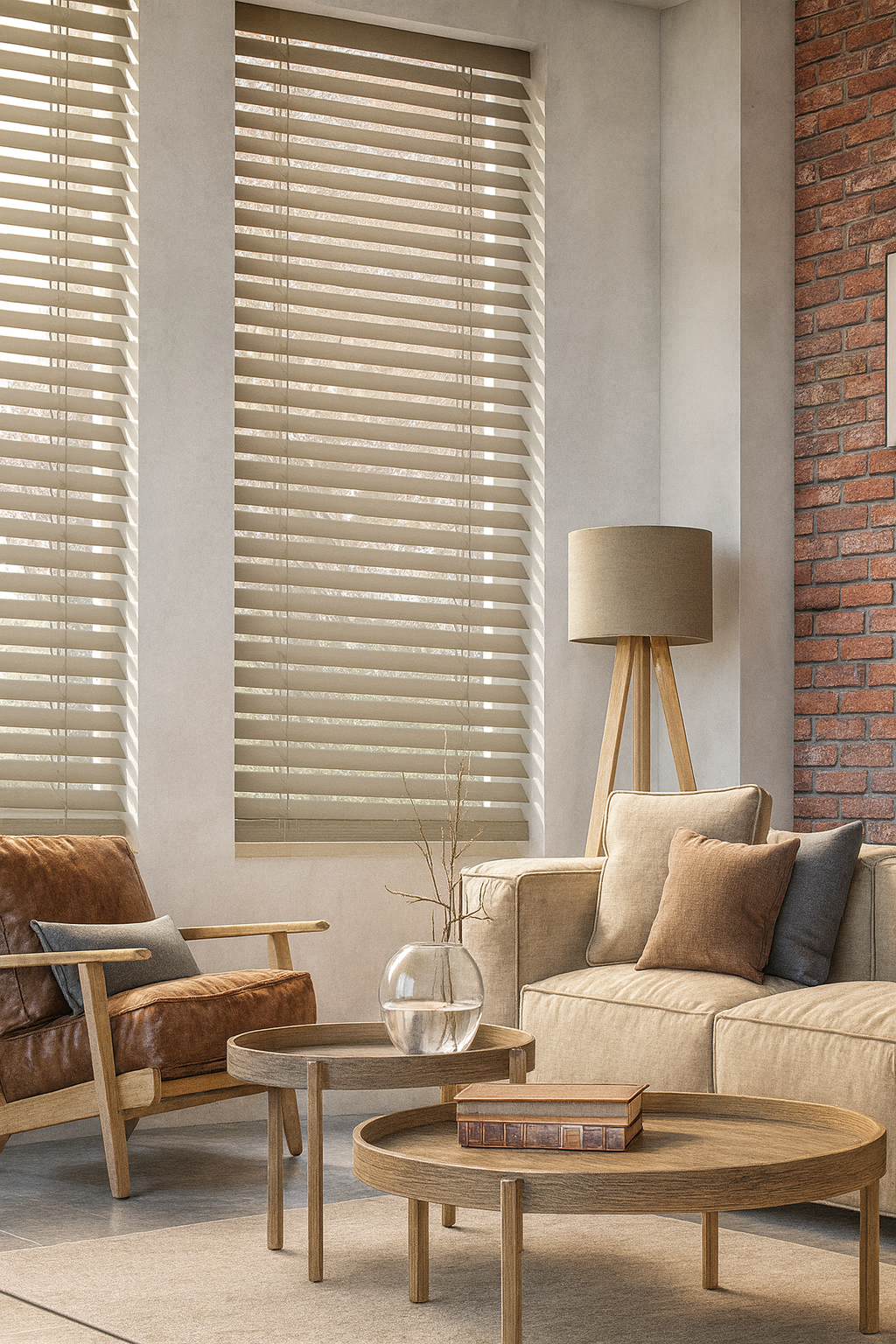 Living room with large window with blinds, beige sofa and brown leather armchair, wooden coffee tables, glass vase with branches, and floor lamp, brick wall on the right.
