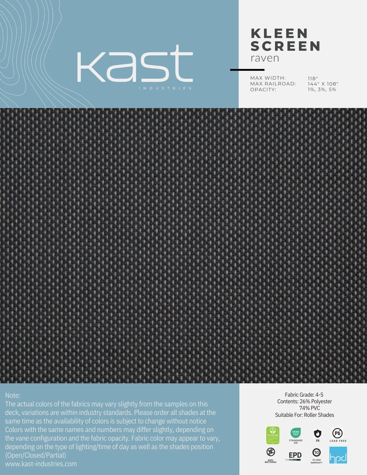 Sample of black woven fabric from Kast Industries with packaging label detailing product specifications like width, railroad, opacity, and fabric composition.