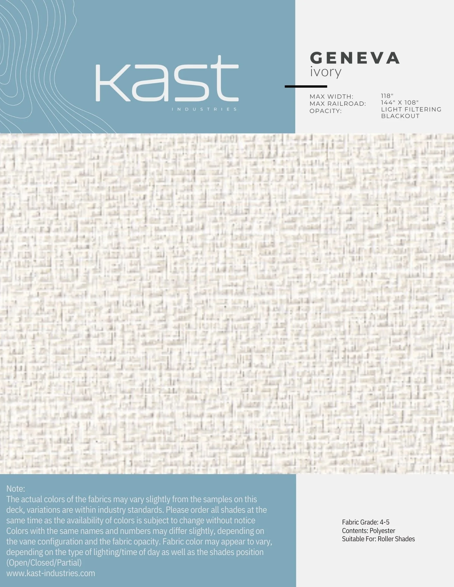 Close-up of a fabric sample named Geneva Ivory from Kast Industries, with a subtle woven texture, catlogo information and usage details.
