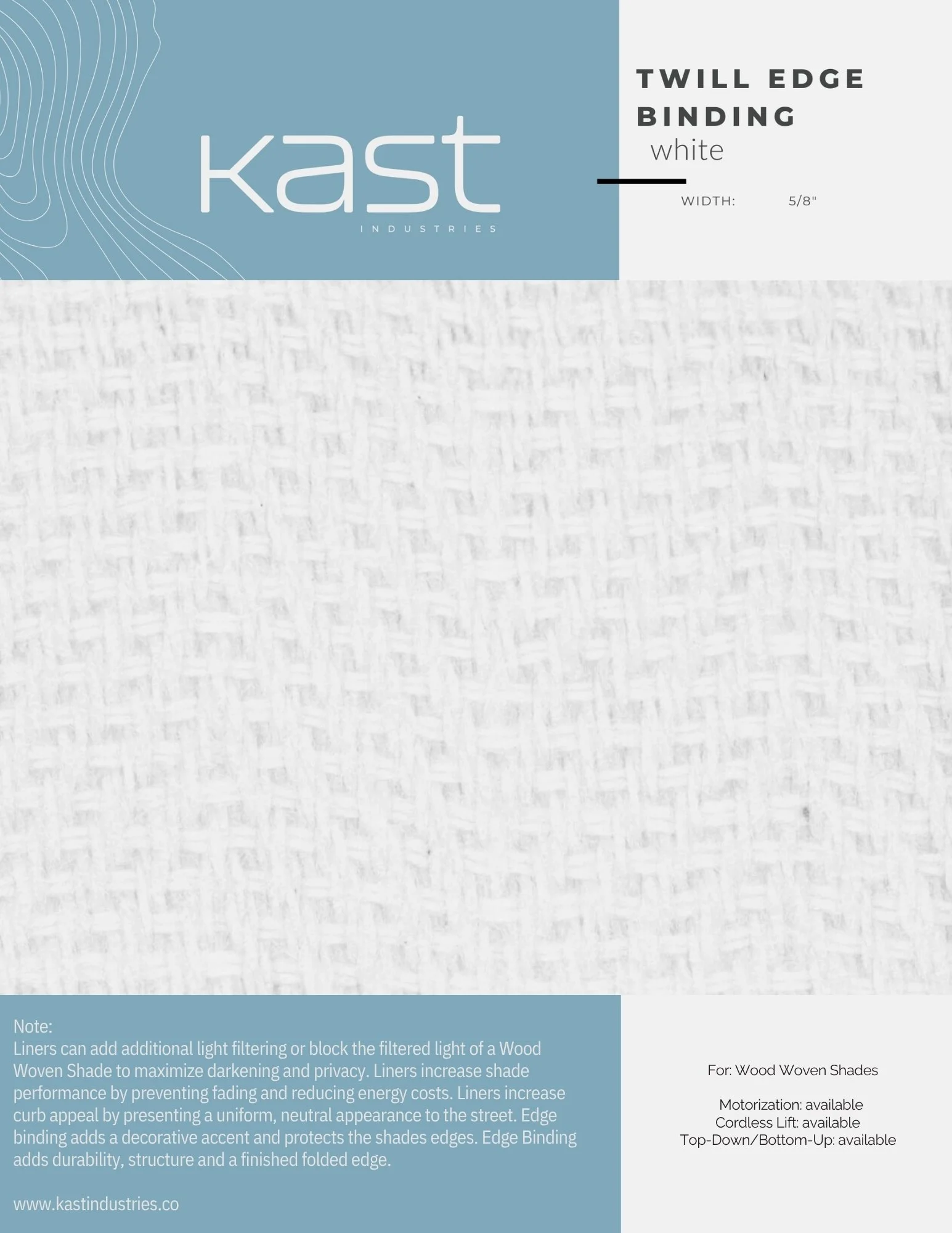 Packaging for Kast Industries Twill Edge Binding, white, 5/8 inch width, designed for wood woven shades.