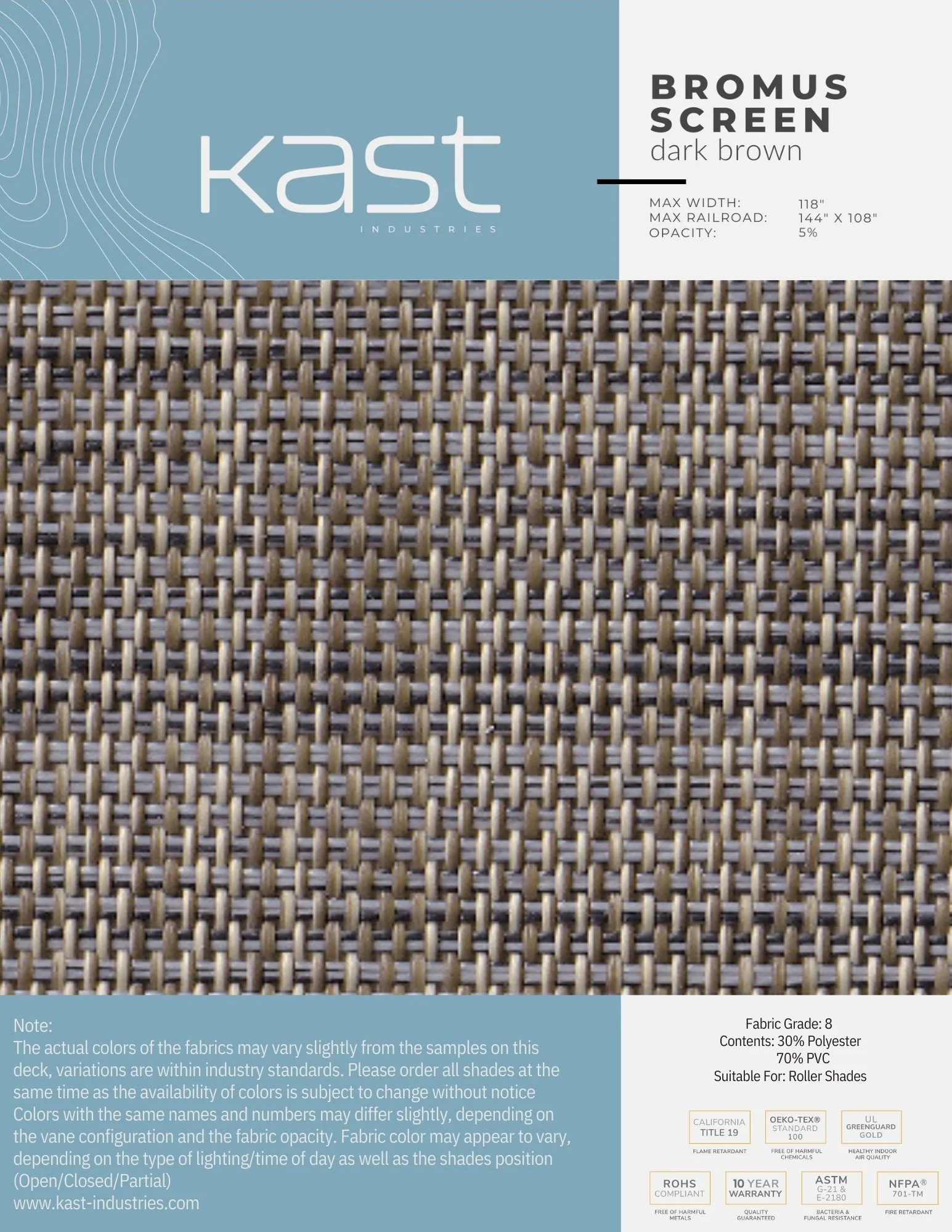 Sample of indoor roller shade fabric in dark brown color from Kast Industries with woven pattern