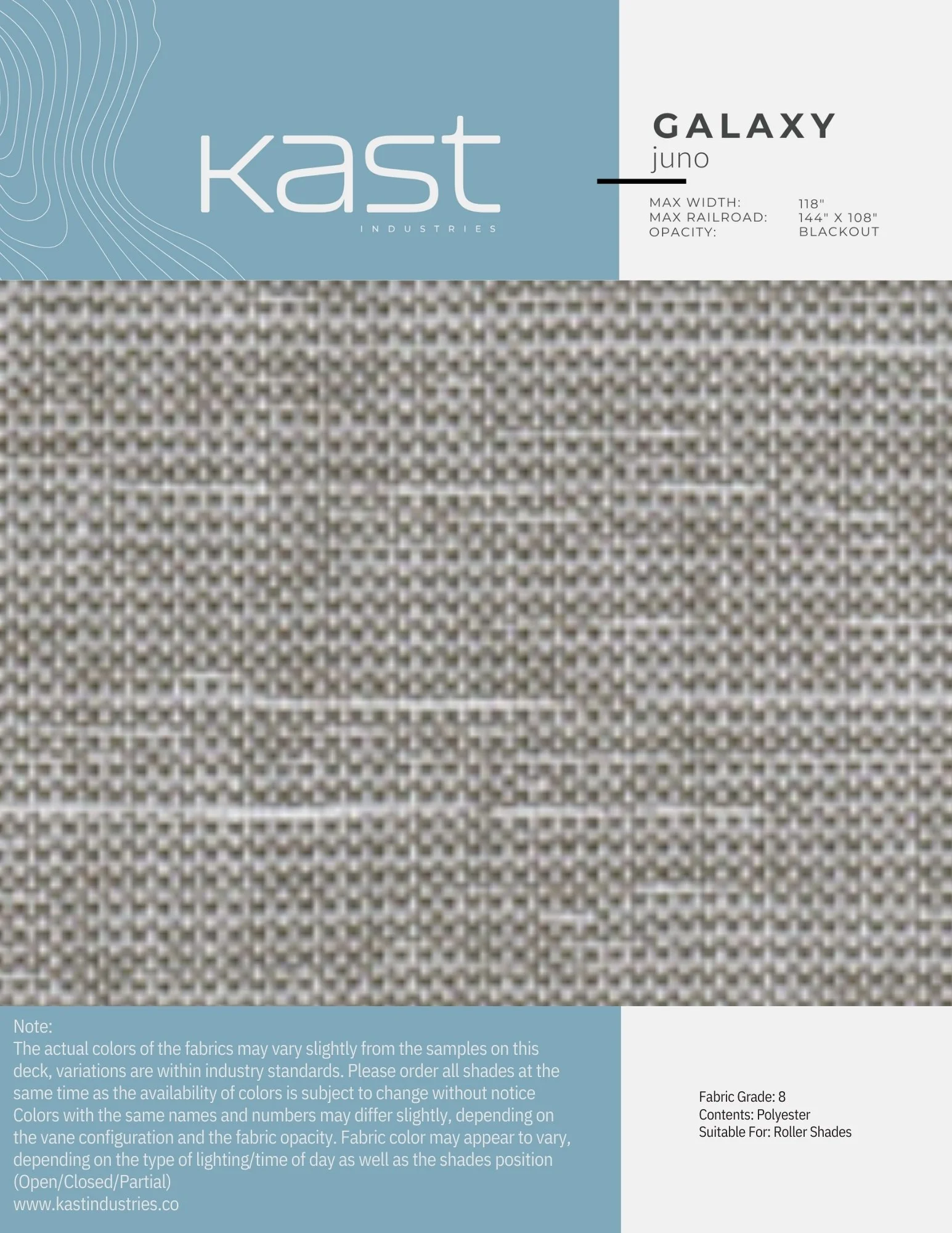 Sample fabric swatch for roller shades from Kast Industries, labeled Galaxy Juno, with a grey, textured, woven appearance and industry-standard shade colors and opacity.