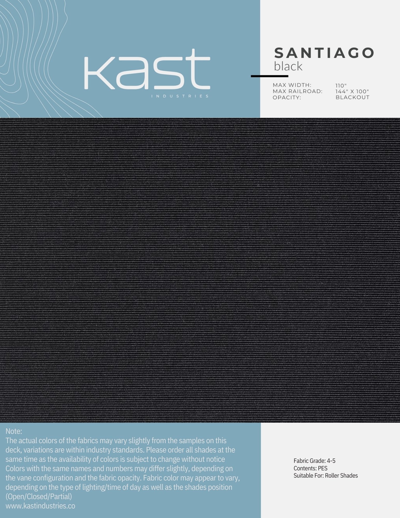 Black roller shade fabric swatch from Kast Industries with blue and white packaging label showing product details.