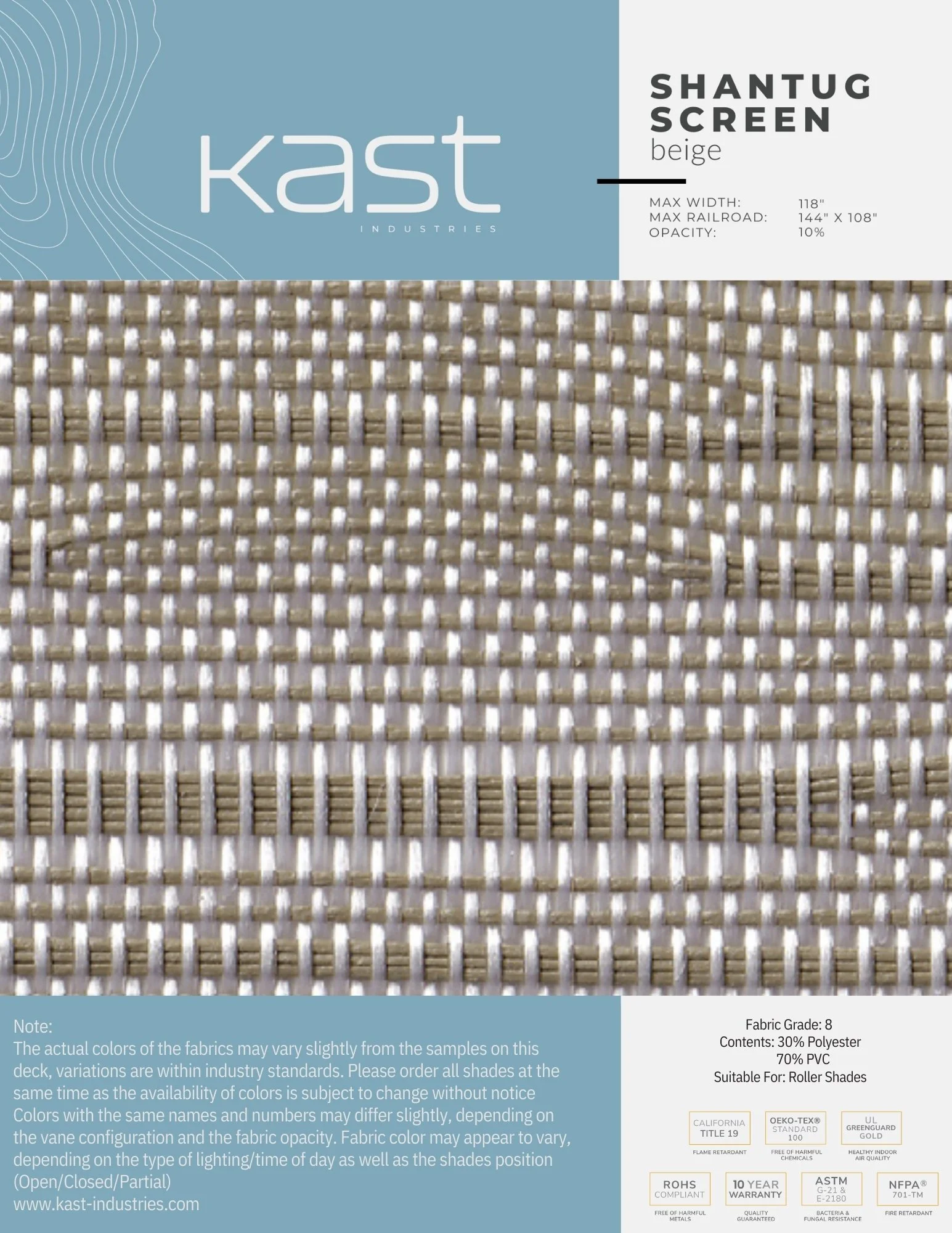 Swatch of beige Shantung screen fabric from Kast Industries, showing a woven pattern with a warning note about color variations and specifications for roller shades.