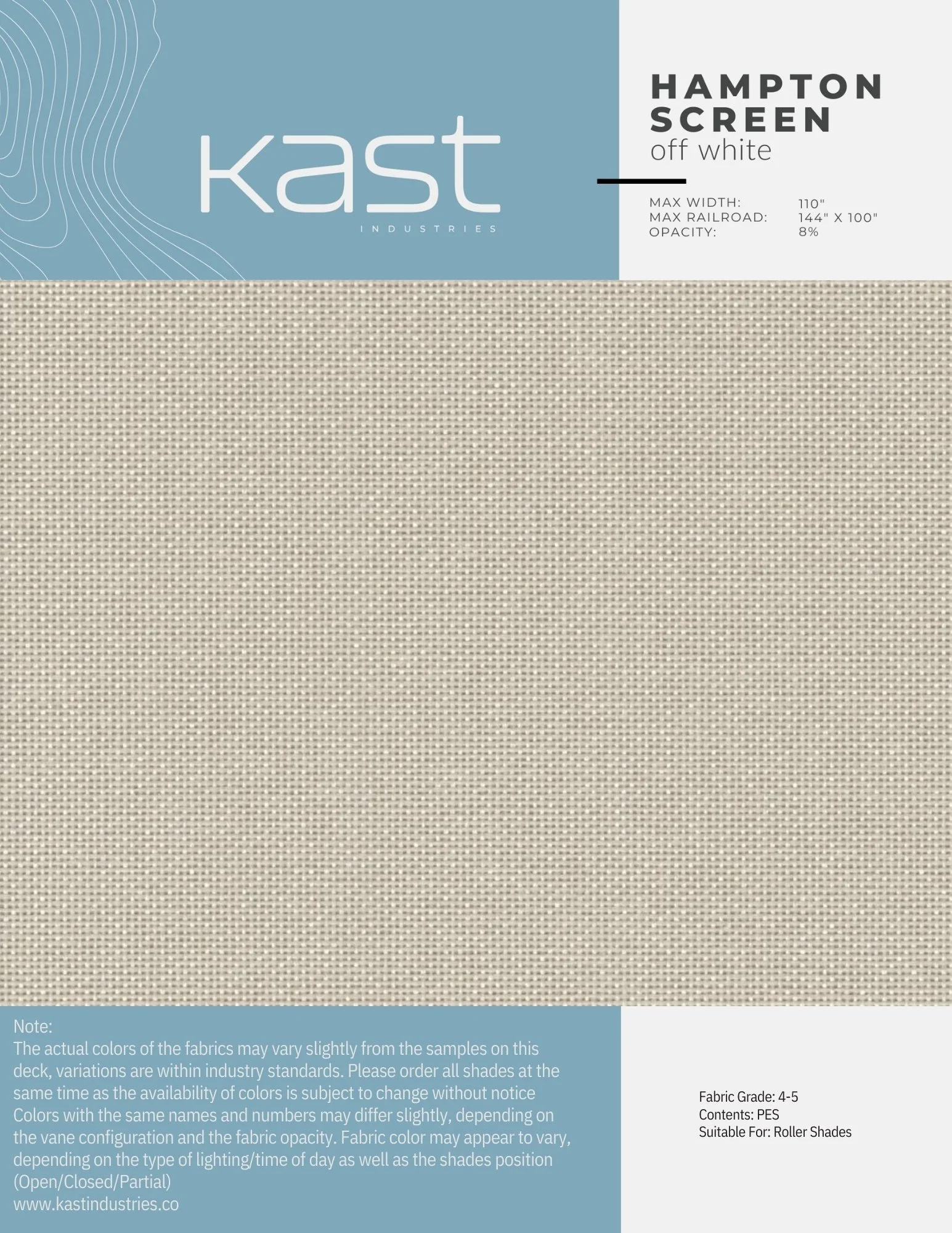 Sample swatch of off-white textured fabric from Kast Industries, part of Hampton Screen collection, suitable for roller shades, with industrial standard color variations.