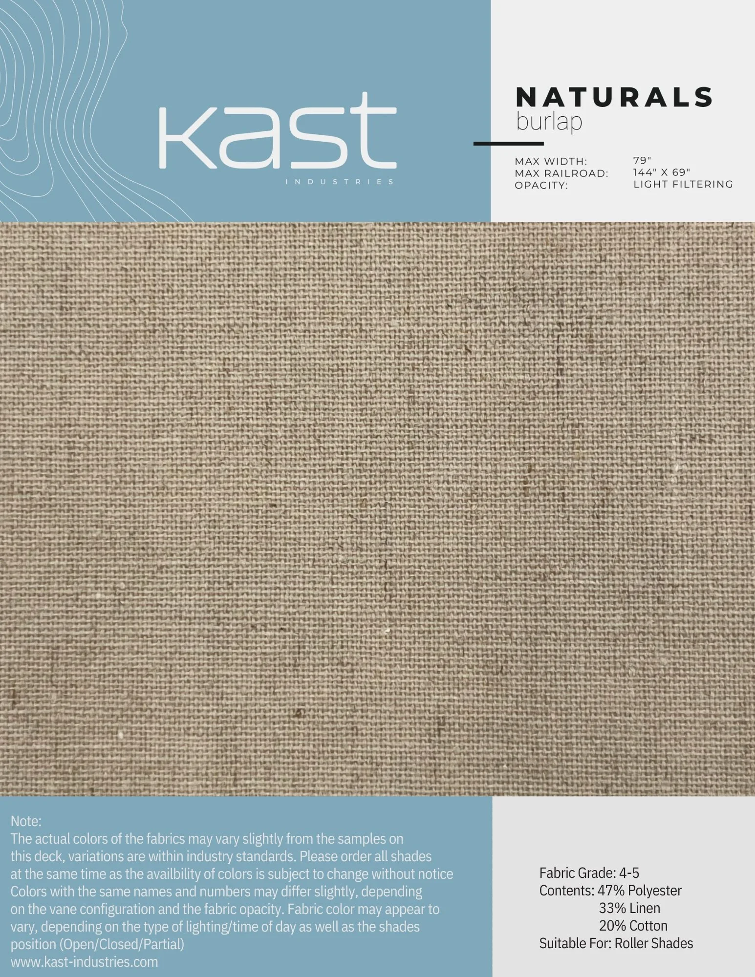 Sample of beige burlap fabric for roller shades, by Kast Industries, with product details and description on the packaging.