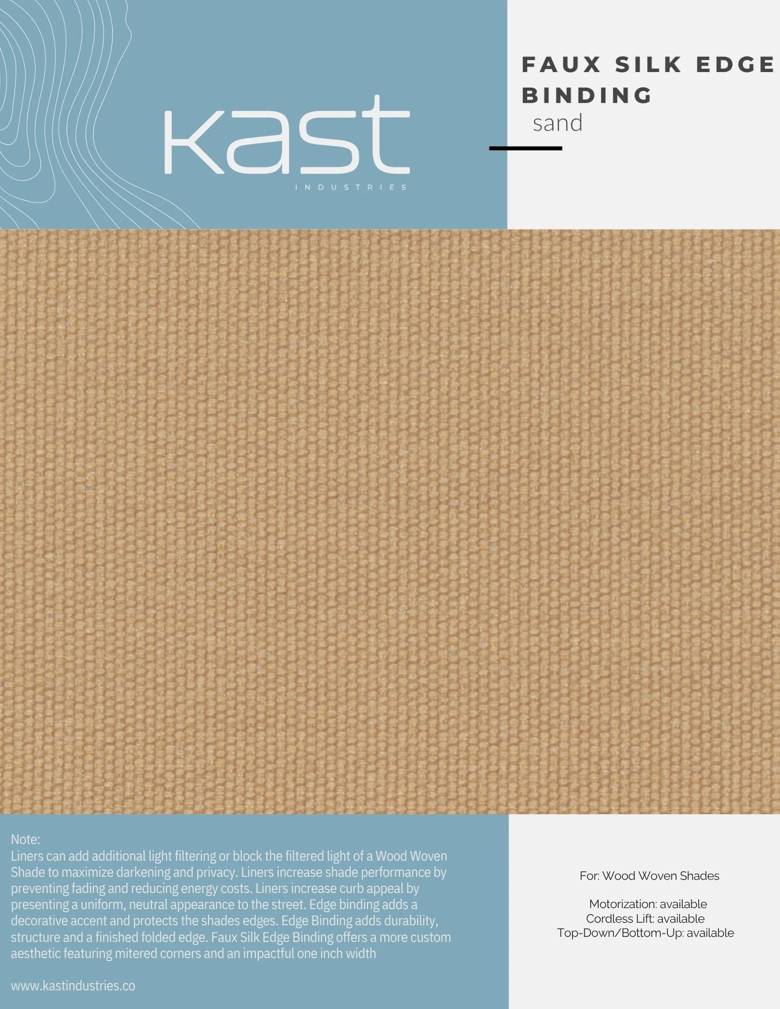 Packaging of Kast Industries Faux Silk Edge Binding in sand color with a textured fabric sample