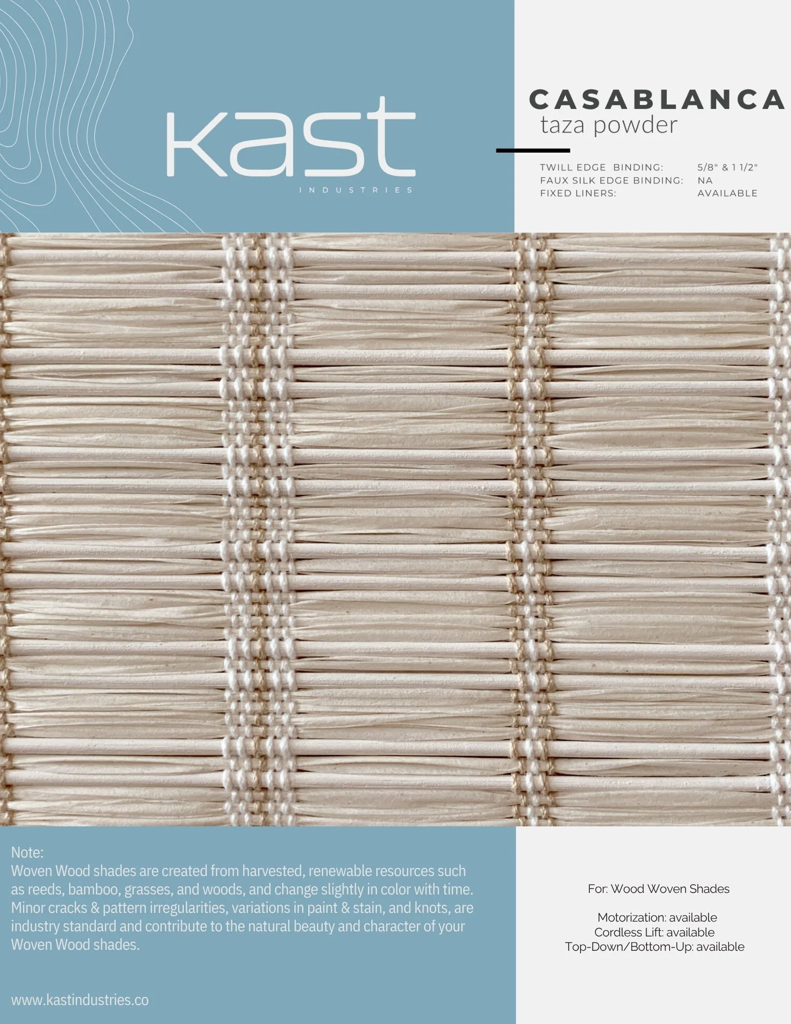 Packaging for CASABLANCA woven wood shade in a beige color with a blue and white label showing product details.