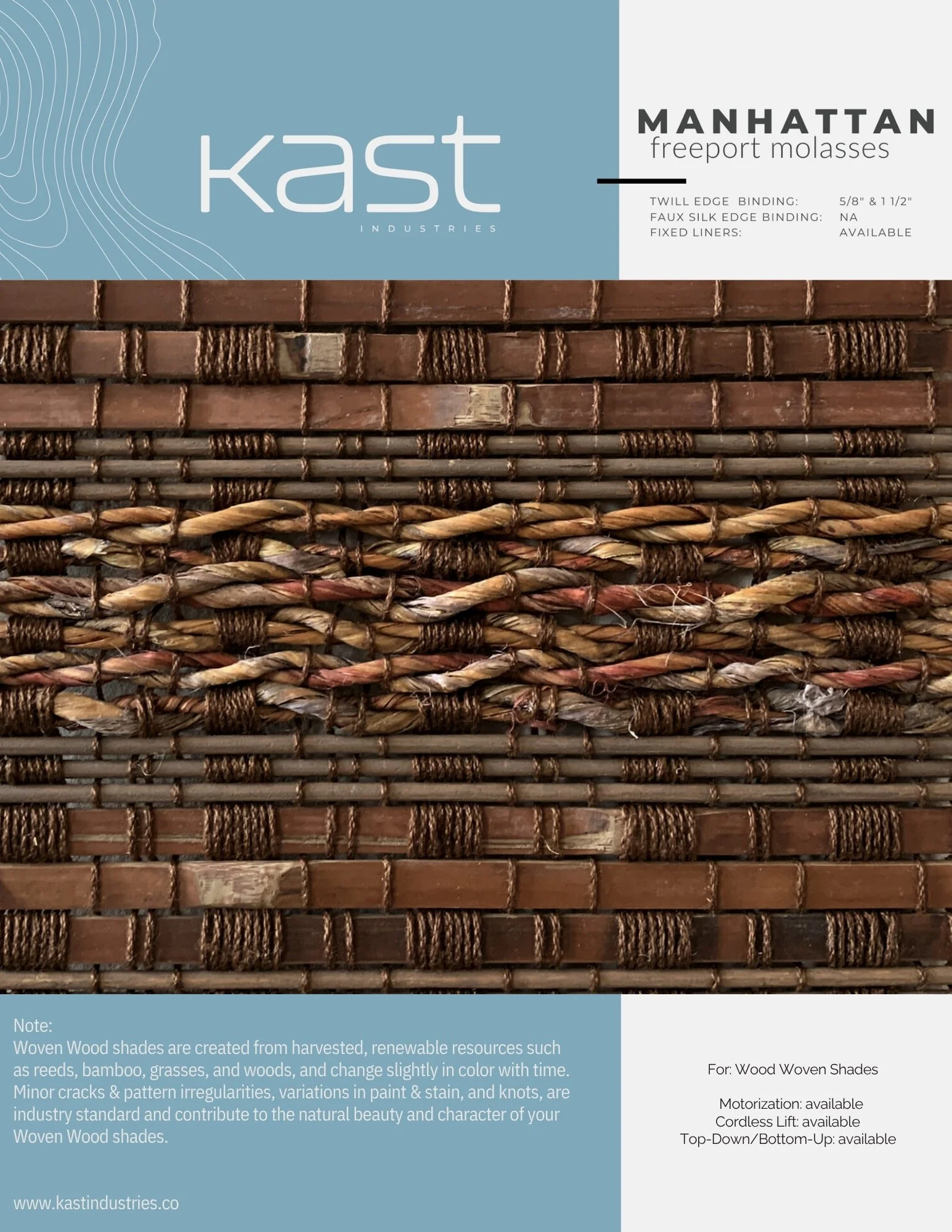 Close-up of a display card showing different woven wood shades in various shades of brown and tan from Kast Industries, labeled as Manhattan freeport molasses, with details about the product.