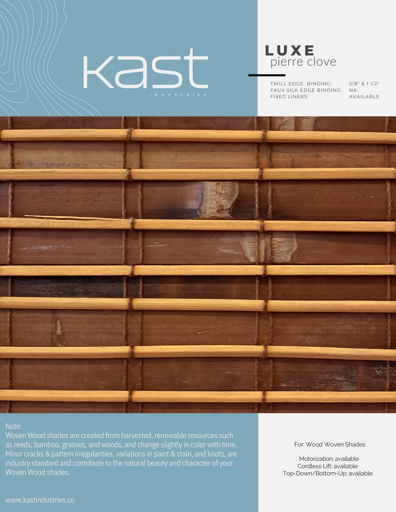 Close-up of a wooden woven shade with natural bamboo and wood materials, featuring horizontal slats and string bindings, in front of a dark wooden surface.