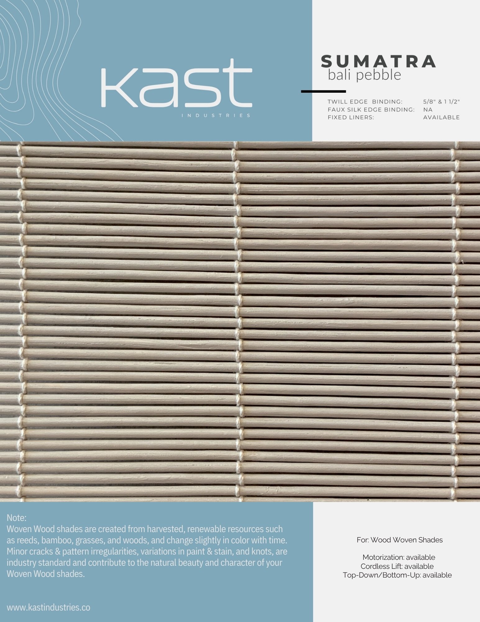 Close-up of a woven wood shade sample called Sumatara Bali Pebble from Kast Industries, with information about its features and uses.