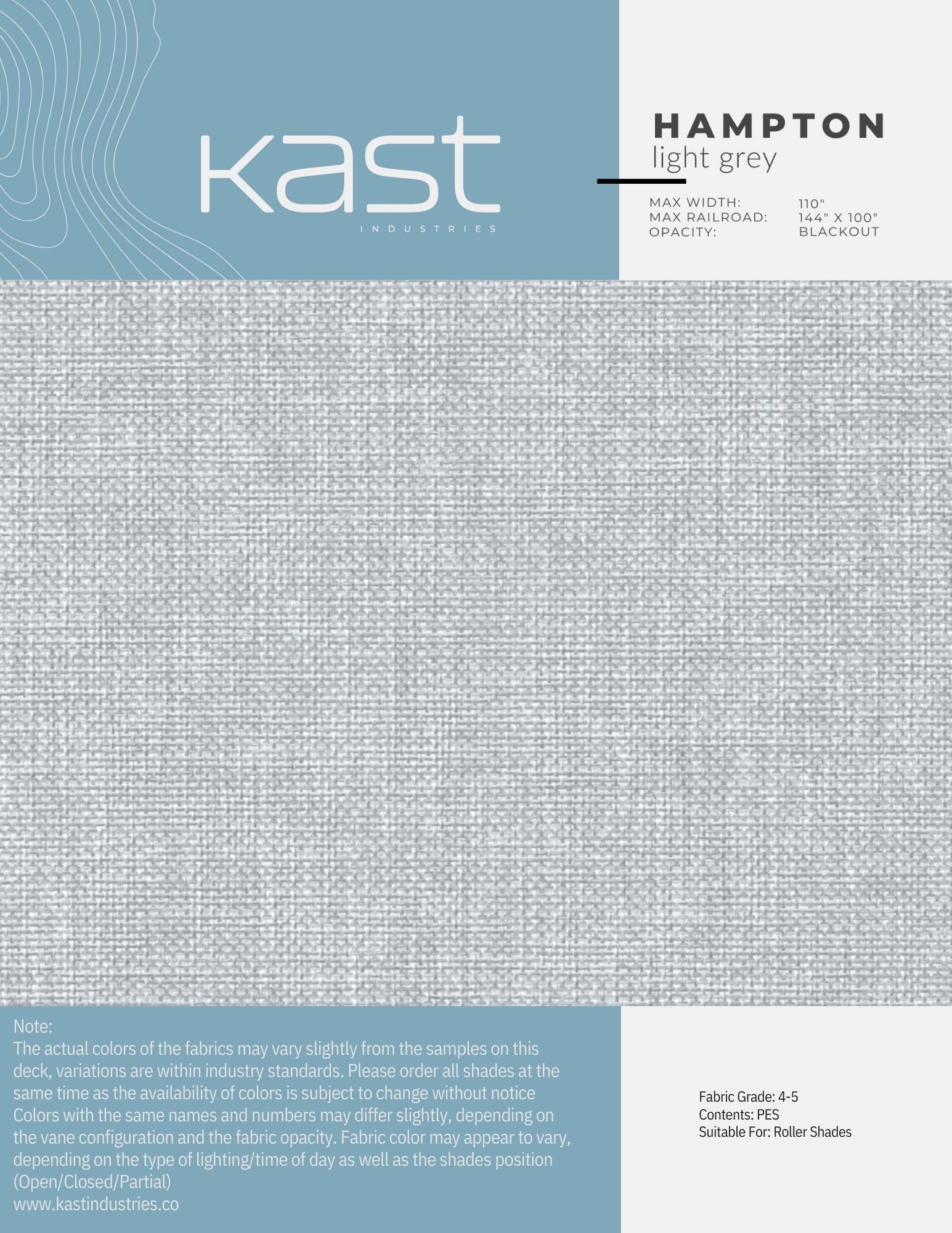 Packaging of a light grey roller shade fabric from Kast Industries with product details and usage notes.