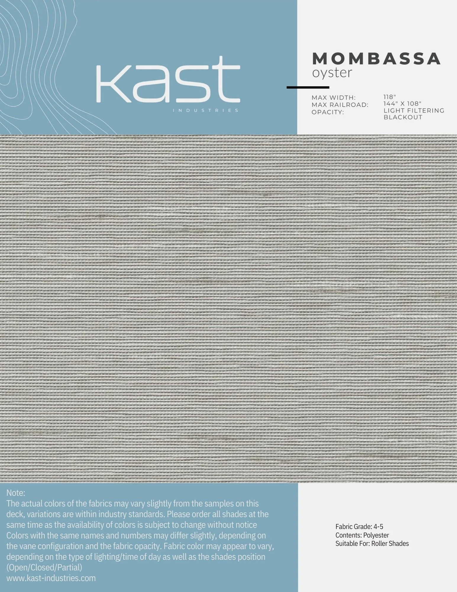 A sample swatch of fabric with a light beige or cream color and fine horizontal stripes, displayed at the top of a packaging label from Kast Industries for a Mombasa oyster roller shade.
