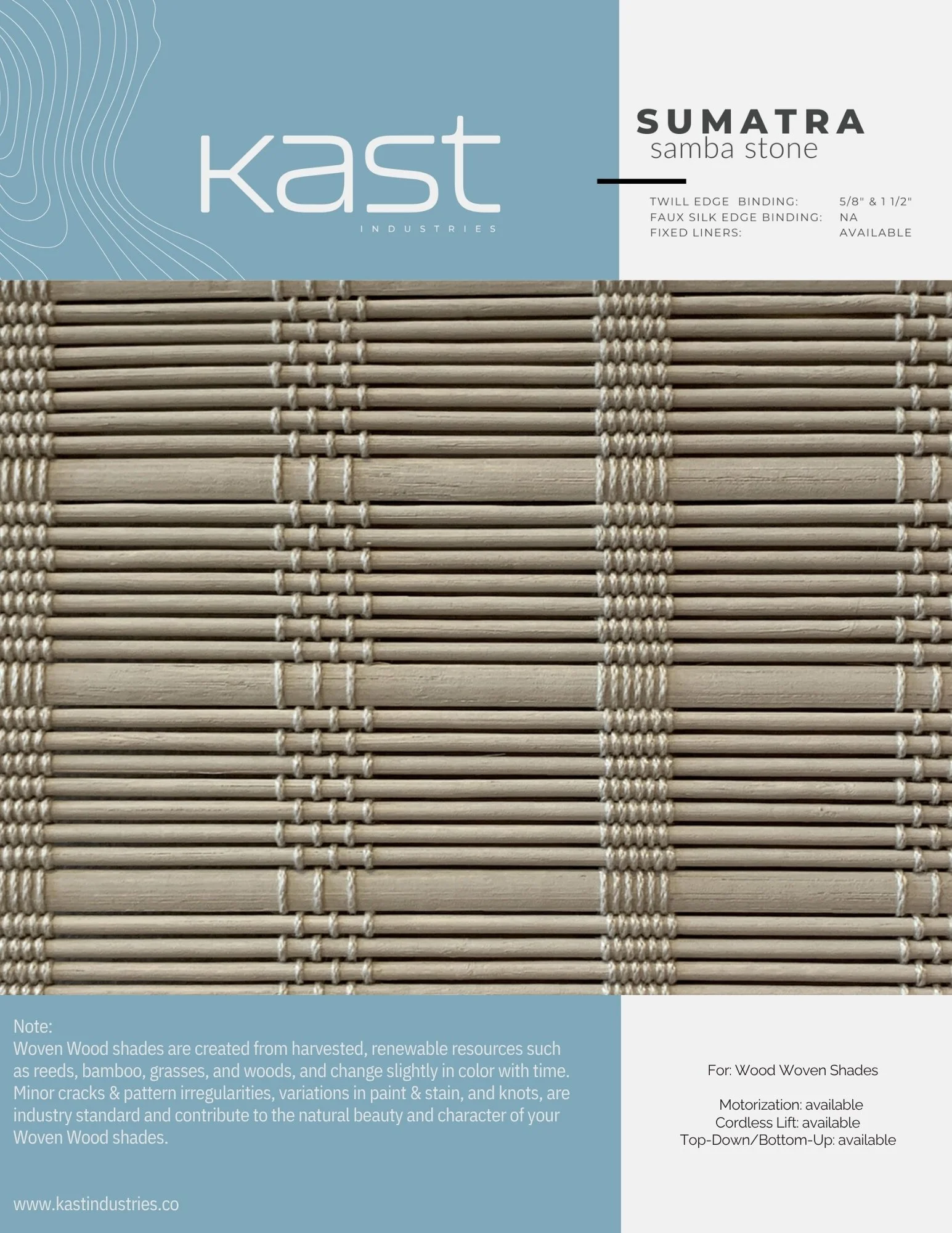 Packaging of Kast Industries Sumatara Samba Stone woven wood shade with a beige woven wooden slat design.