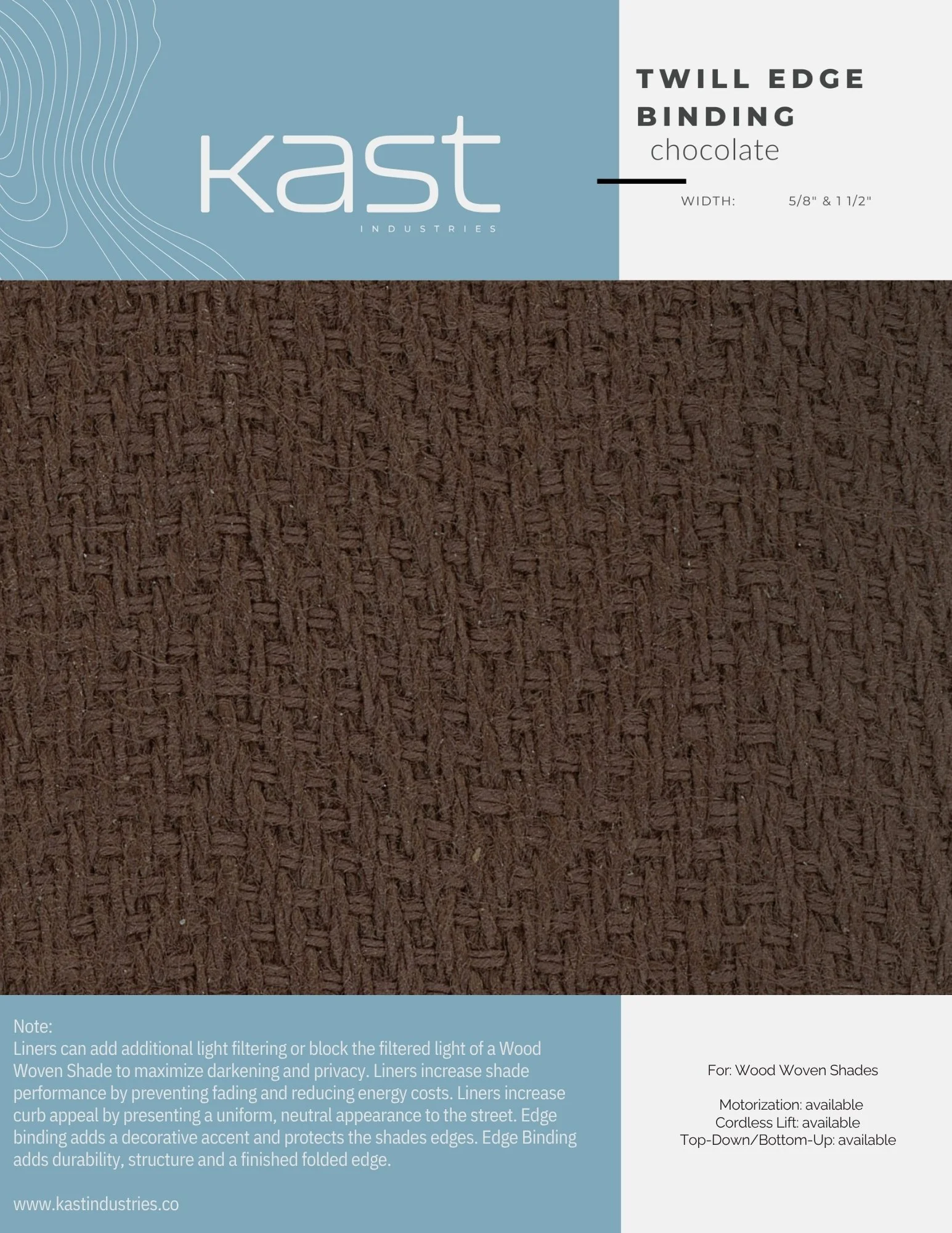 A sample of dark brown twill edge binding fabric for wood woven shades with a close-up view of the woven texture.