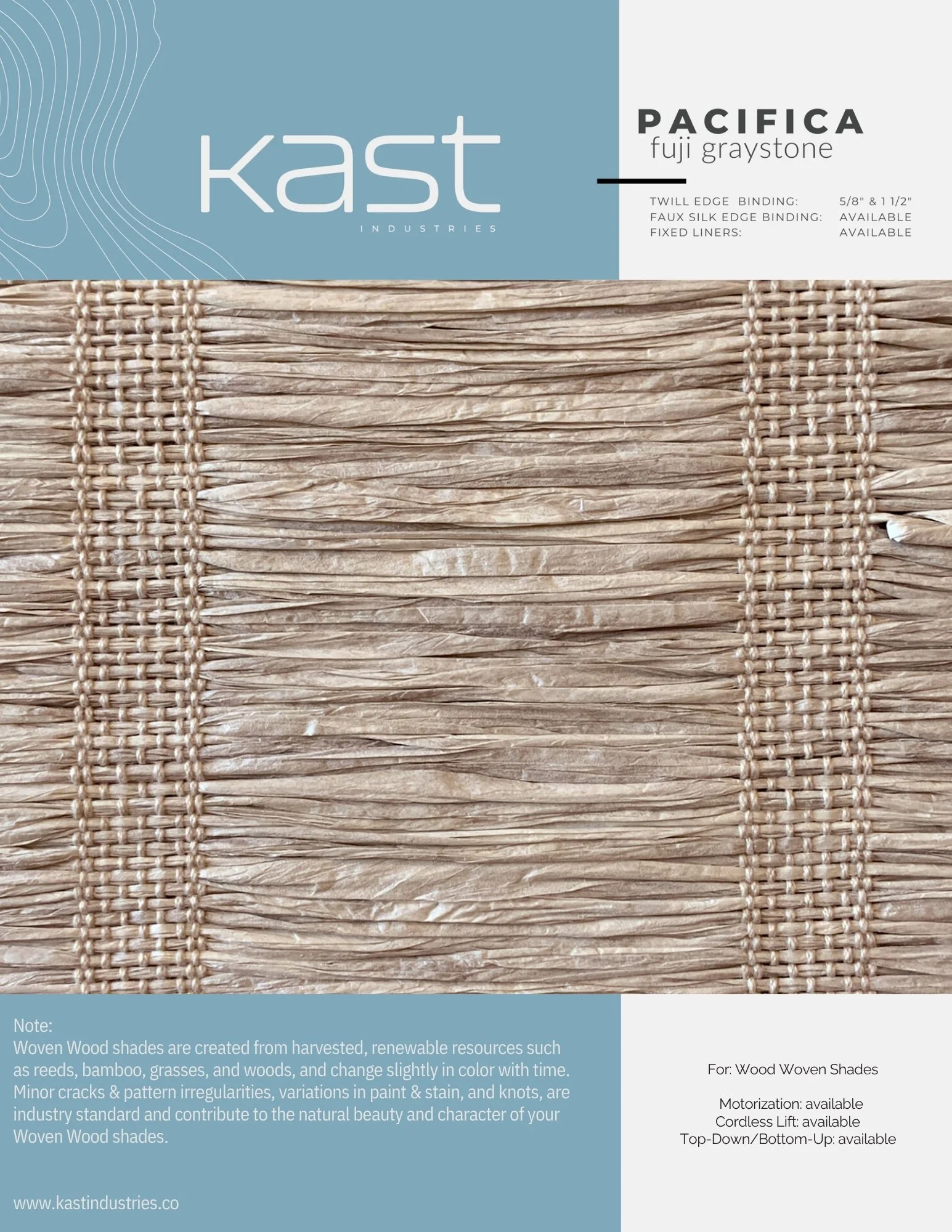 Packaging for Kast Industries Pacifica Fuji Graystone woven wood shades, showing a close-up of the woven wood material and details about quality, availability, and features.
