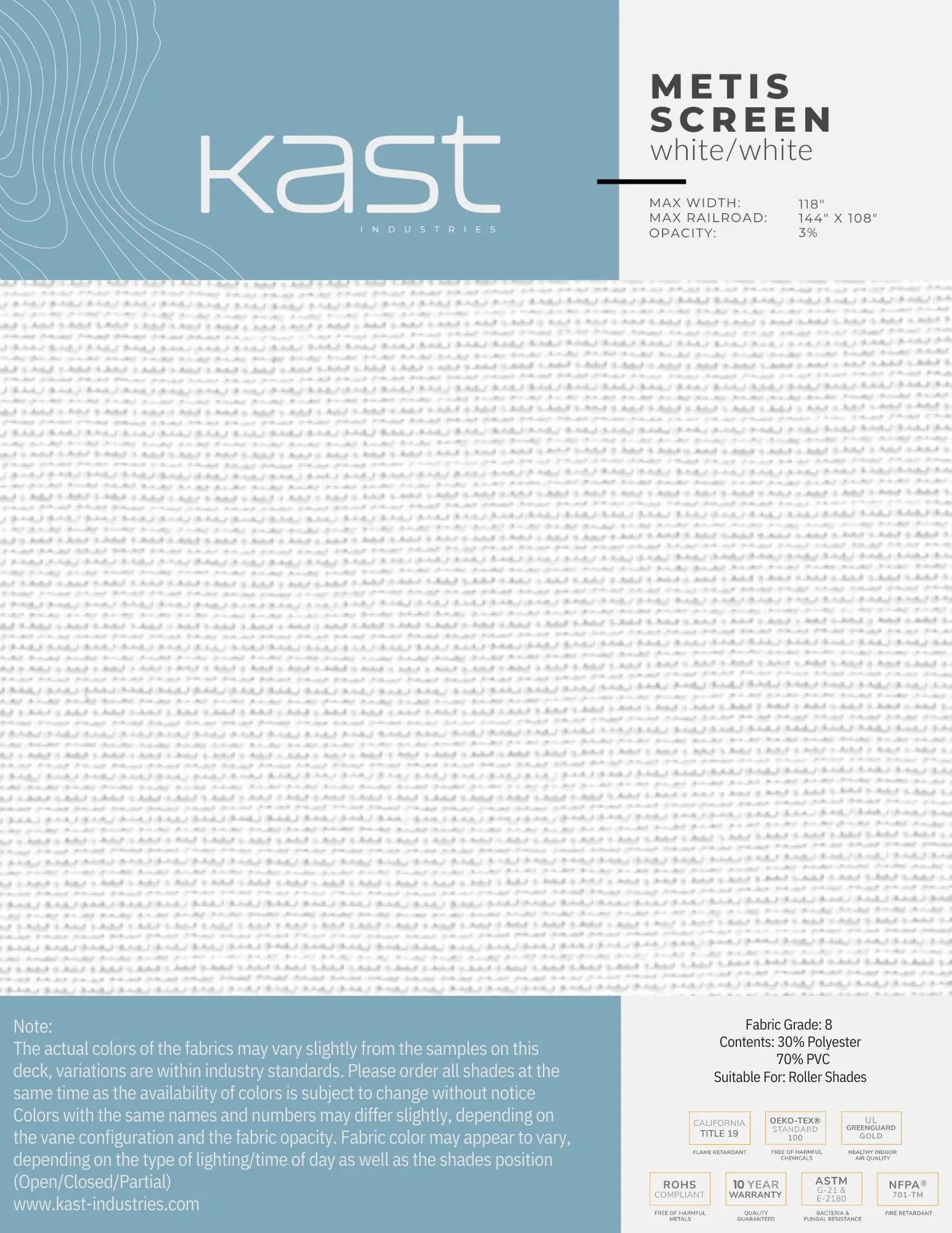 Product packaging for Kast Industries Metis Screen in white/white color, with specifications and certifications listed on the right, and a note about fabric color variability at the bottom left.