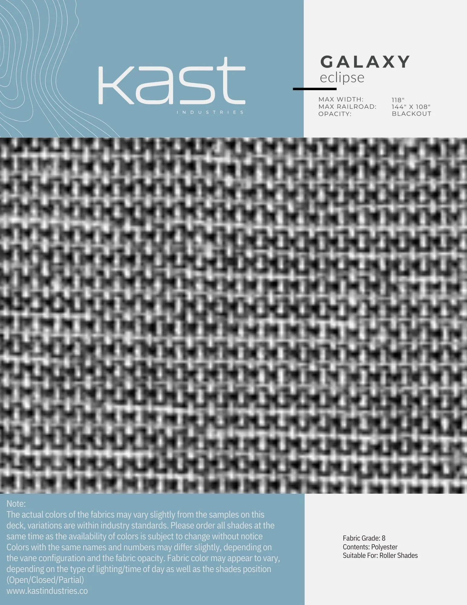 Sample fabric swatch with a black and white houndstooth pattern, labeled as 'Galaxy Eclipse' from Kast Industries. The package indicates maximum width of 118 inches, maximum railroad of 144x108 inches, and blackout opacity, suitable for roller shades