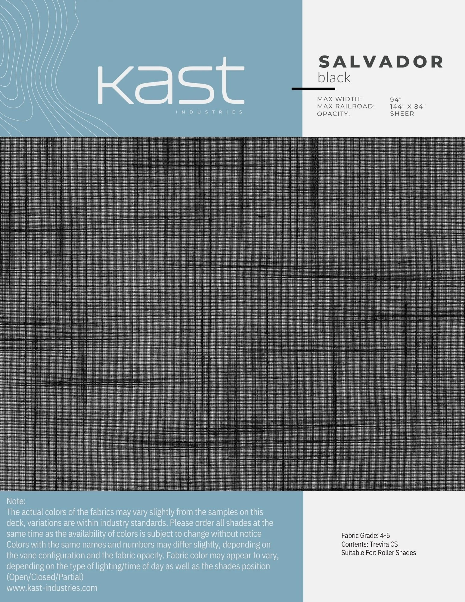 Sample swatch of fabric with a black and gray plaid pattern, labeled 'Salvador black' by Kast Industries, designed for roller shades.