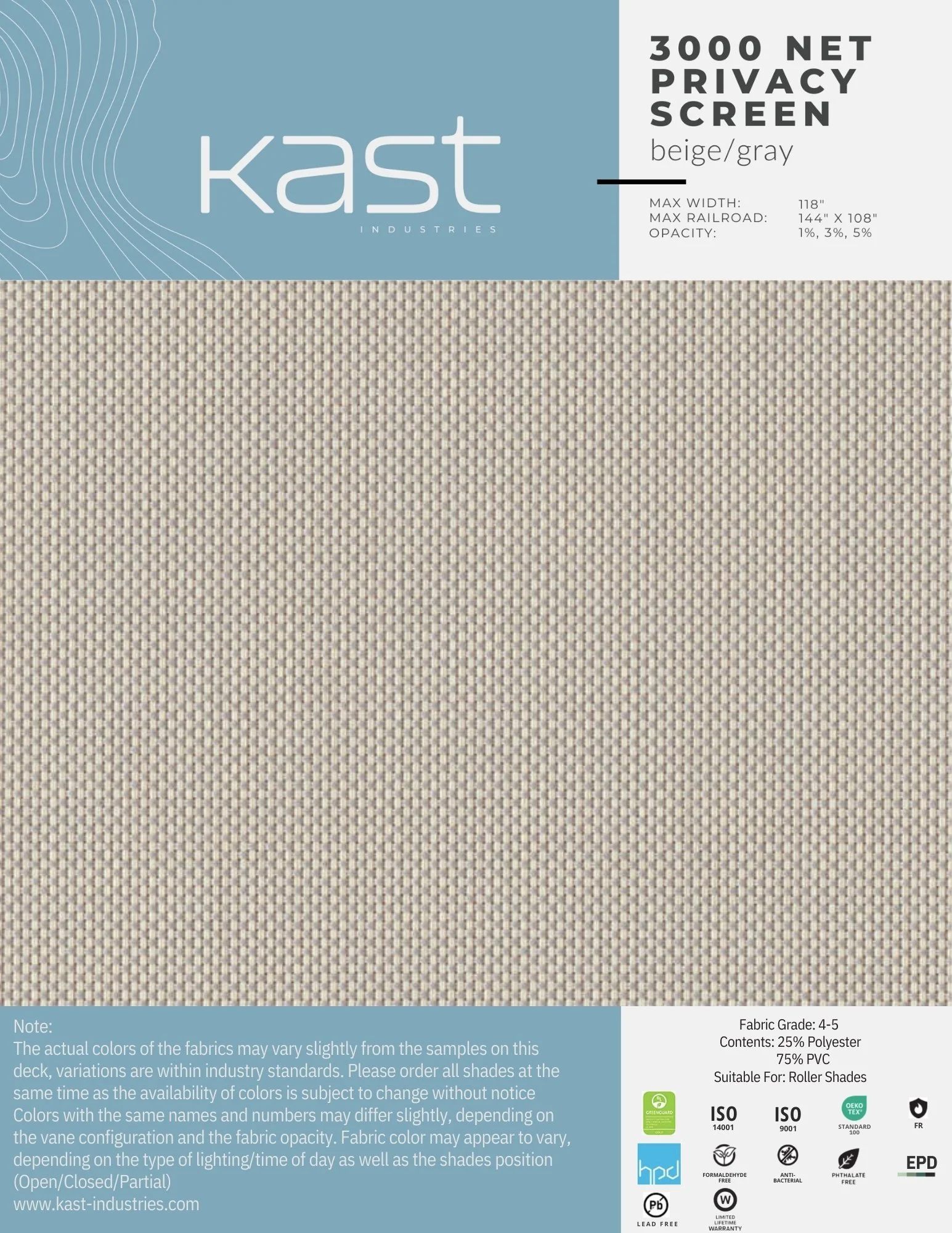 Sample of beige/gray privacy screen fabric with a mesh pattern, from Kast Industries, suitable for roller shades, with product details and certifications on the packaging.
