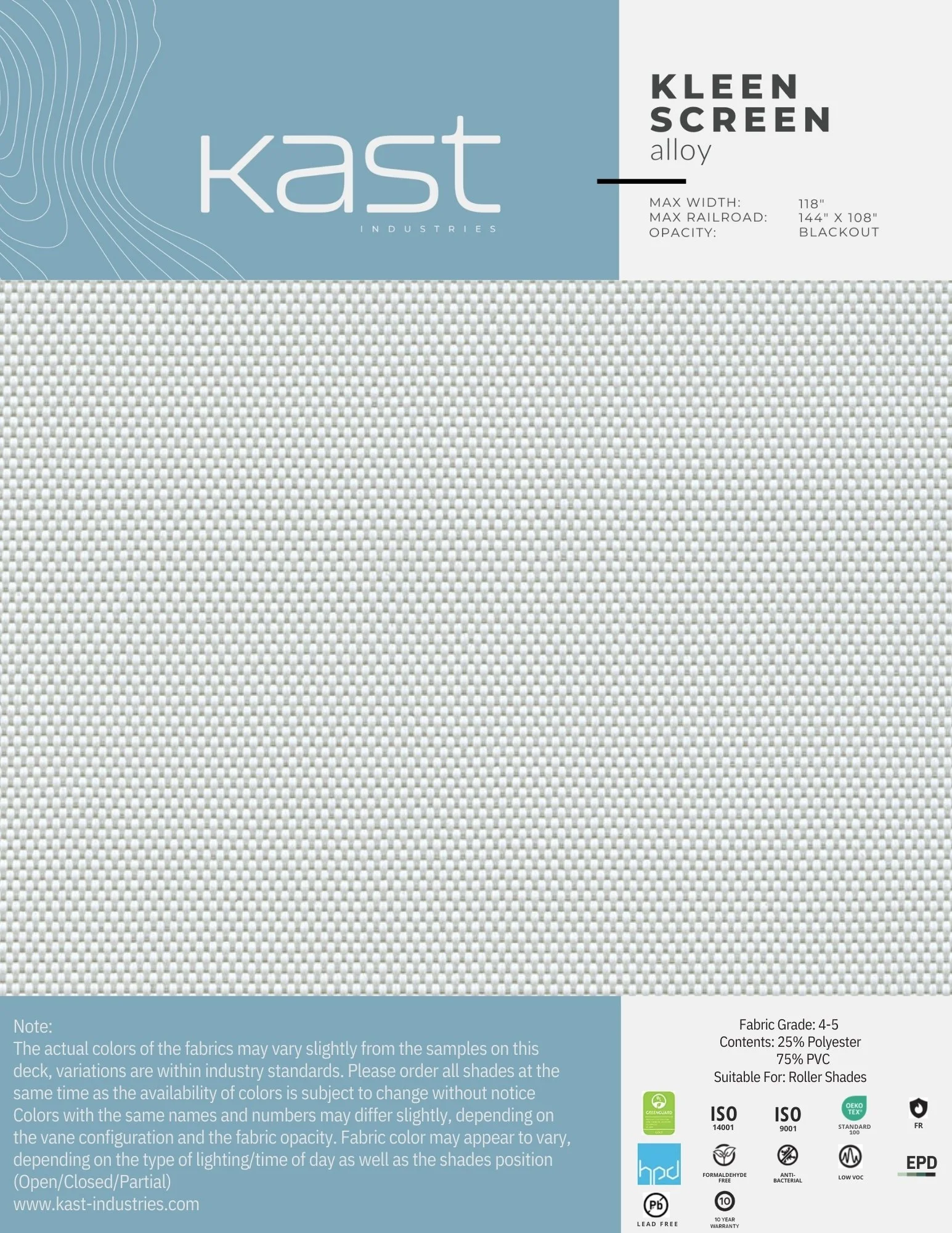 Sample of beige and white textured roller shade fabric from Kast Industries, labeled as Alloy. Shelf with product details, dimensions, and certifications visible.