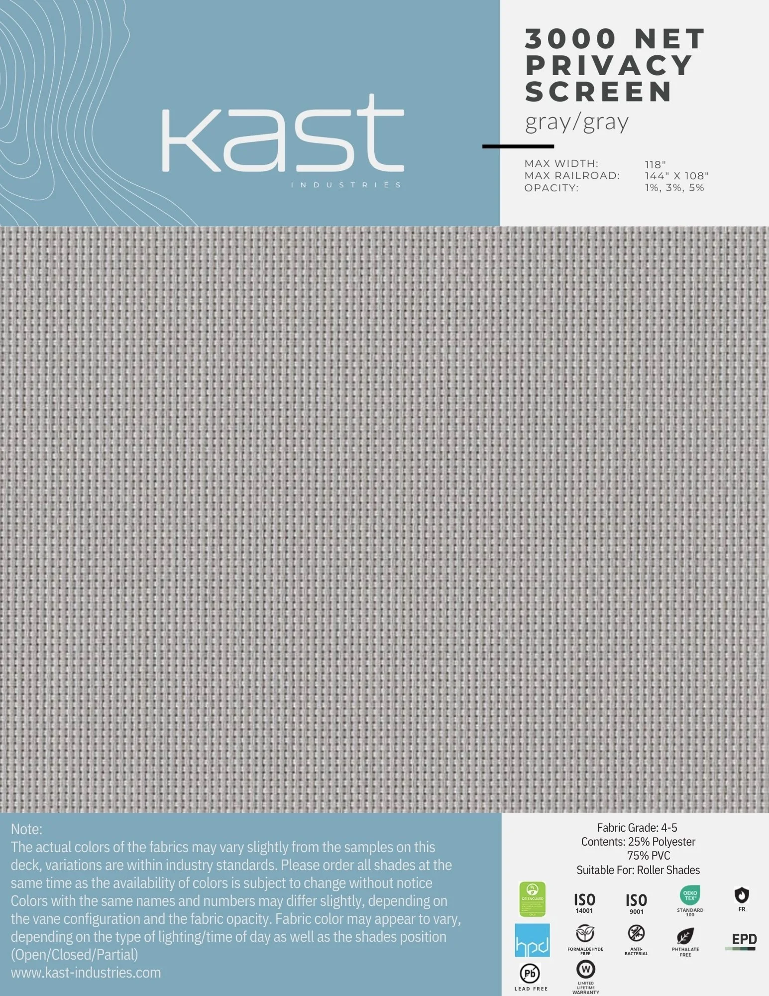 A package of Kast Industries 3000 net privacy screen in gray color with a textured mesh pattern.