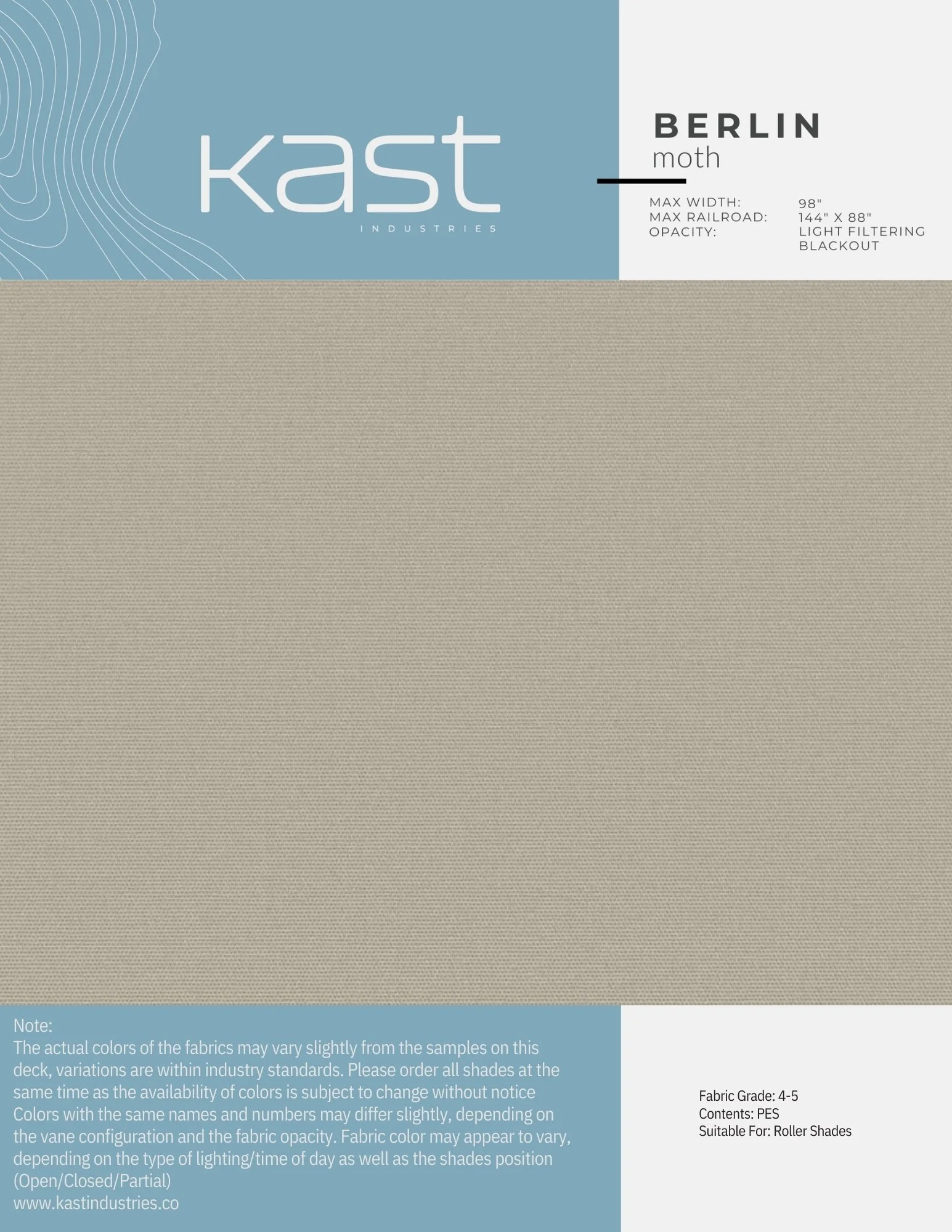 Sample fabric swatch in beige color from Kast Industries, labeled as 'Berlin Moth', suitable for roller shades, with a note about color variations and usage.