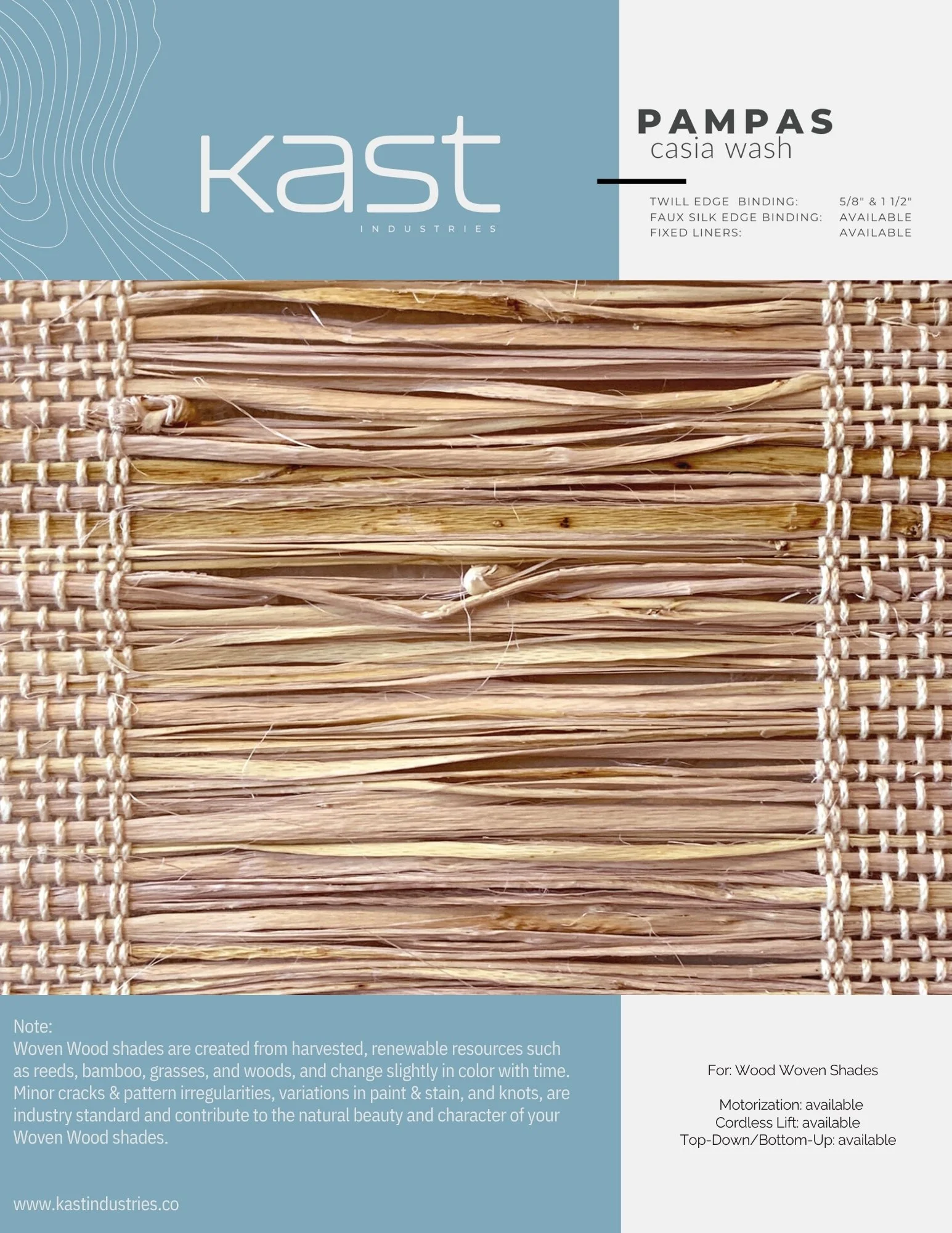 Close-up view of a woven wood shade made from natural materials like reeds, bamboo, and grasses, with a blue and white packaging label from Kast Industries for a Pampas Casia Wash woven wood shade.