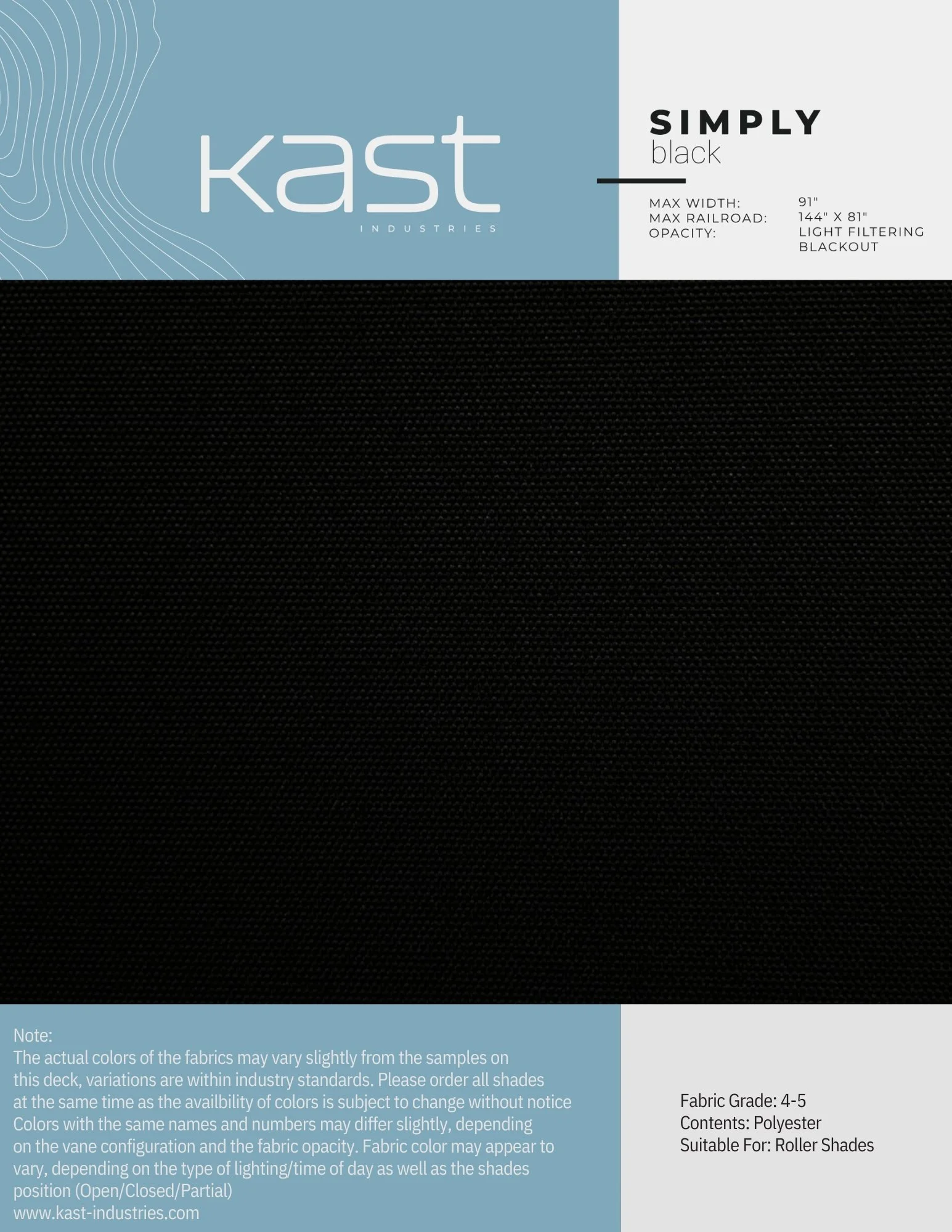 Packaging for Kast Industries Simply Black roller shade fabric, showing the fabric's black color and texture, with product details including maximum width of 91 inches, maximum rail-road of 144 inches by 81 inches, and lightweight filtering blackout 