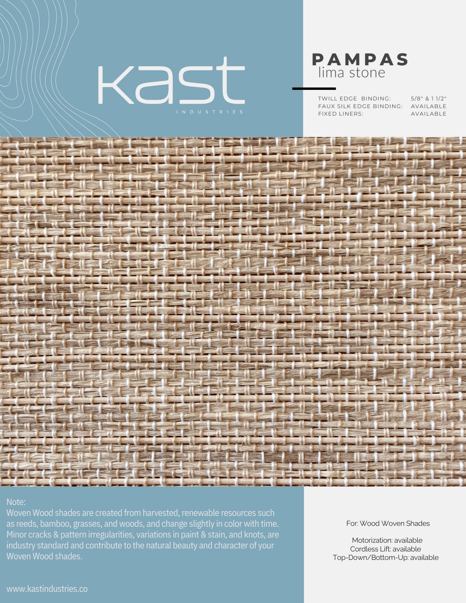 Close-up of woven wood shade in beige color, with packaging label indicating it is from Kast Industries, called PAMPAS in Lima Stone color, made from sustainable materials like reeds, bamboo, grasses, and woods.