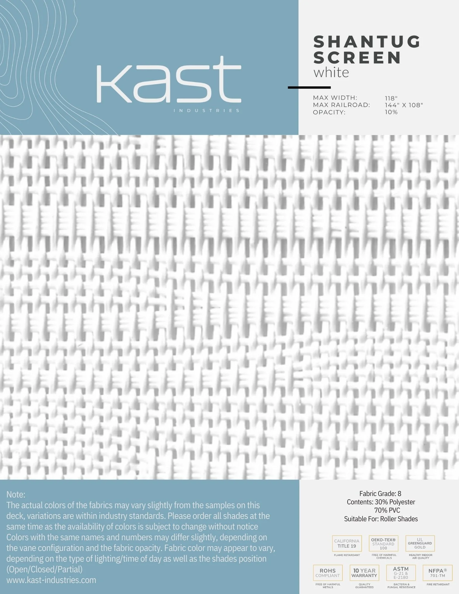 Packaging for Kast Industries shantug white roller shades, featuring a textured white fabric with a pattern, and detailed product specifications on a label.