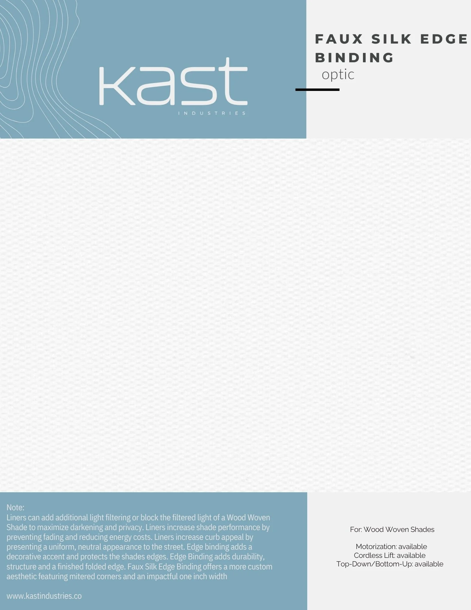 Packaging for Kast Industries Faux Silk Edge Binding Optic for wood woven shades, with blue and white design and product description.