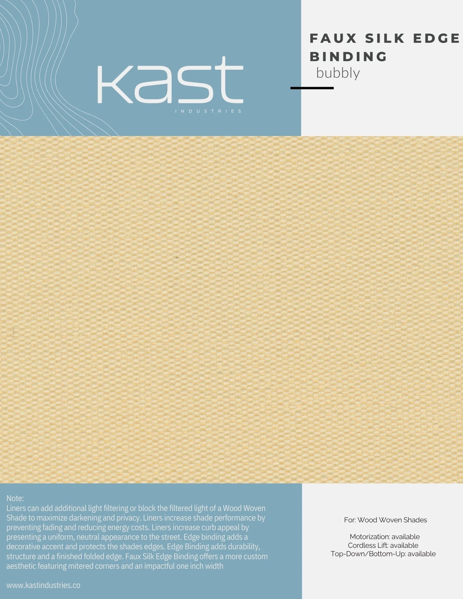 Packaging of Kast Industries faux silk edge binding called Bubbly in a beige color.