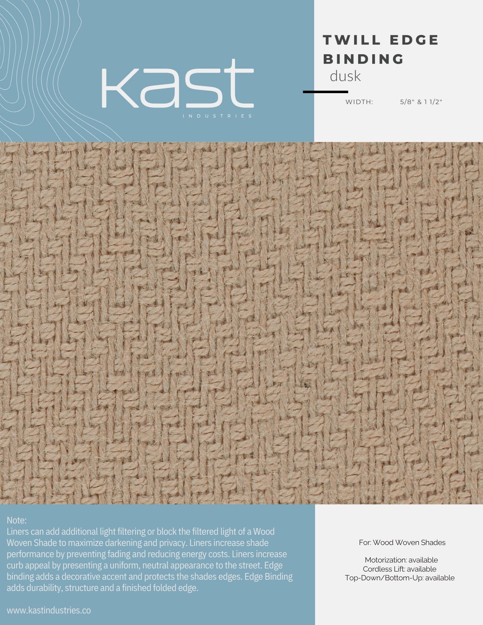 Sample of Twill Edge Binding Dusk fabric by Kast Industries, showing a woven wood shade with light tan color.