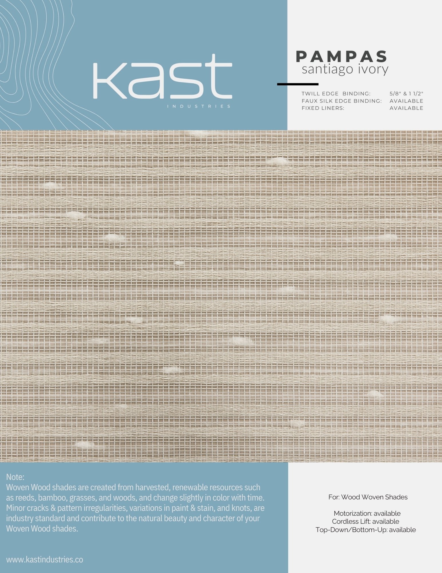 Packaging of Kast Industries Santiago Ivory woven wood shade with a beige, grid-like pattern and slight color variations.