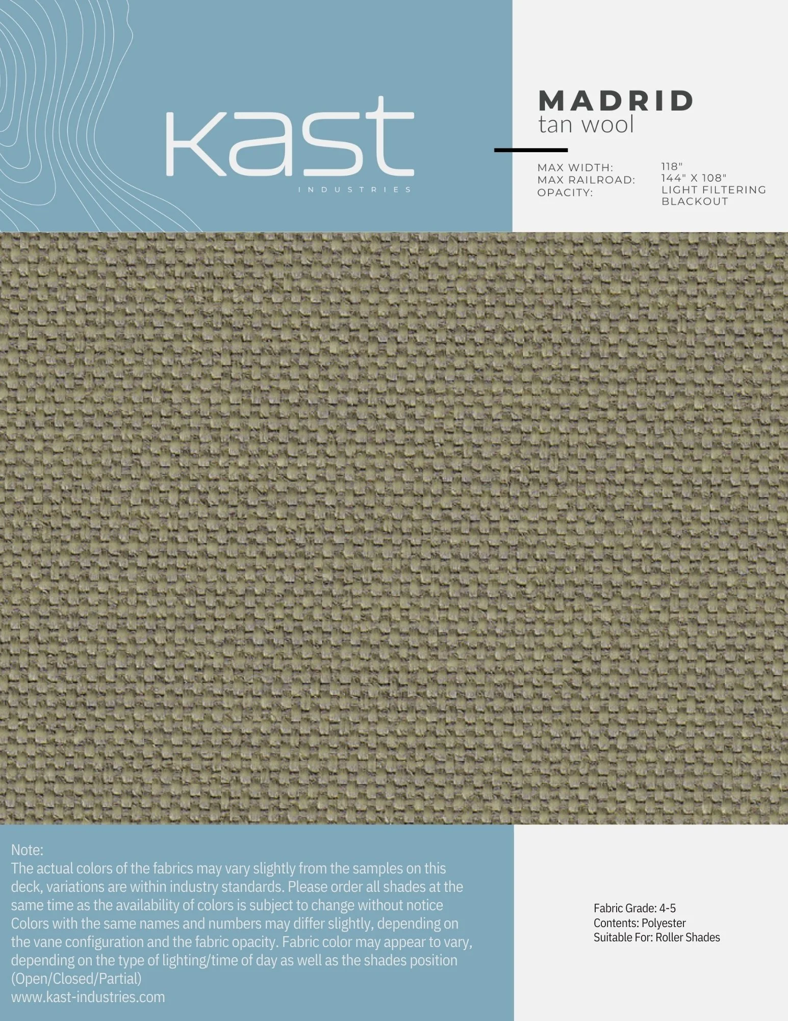 Sample fabric swatch in beige color from Kast Industries, labeled Madrid tan wool, suitable for roller shades, with light filtering blackout opacity.