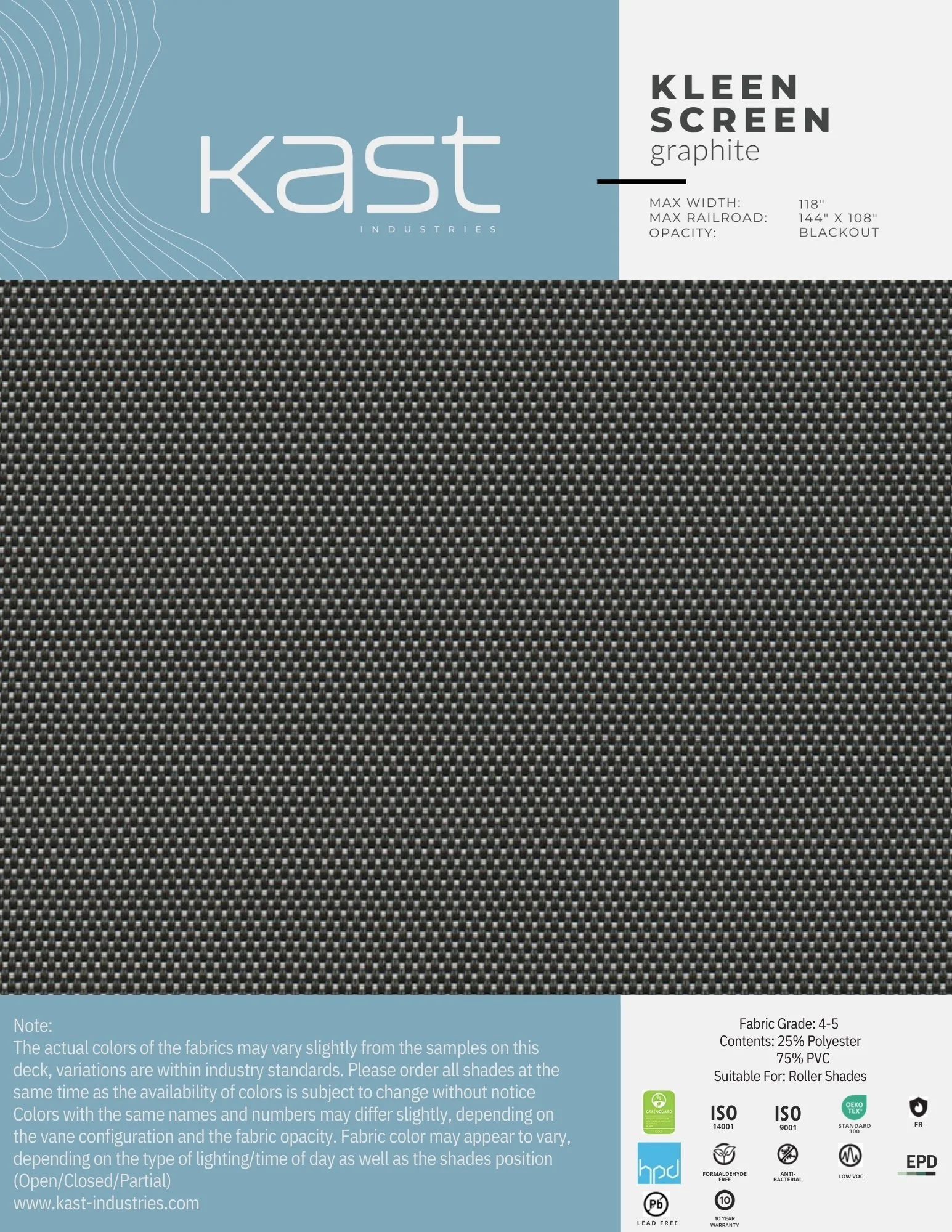 A sample of black and gray textured roller shade fabric with branding and product information on the packaging.
