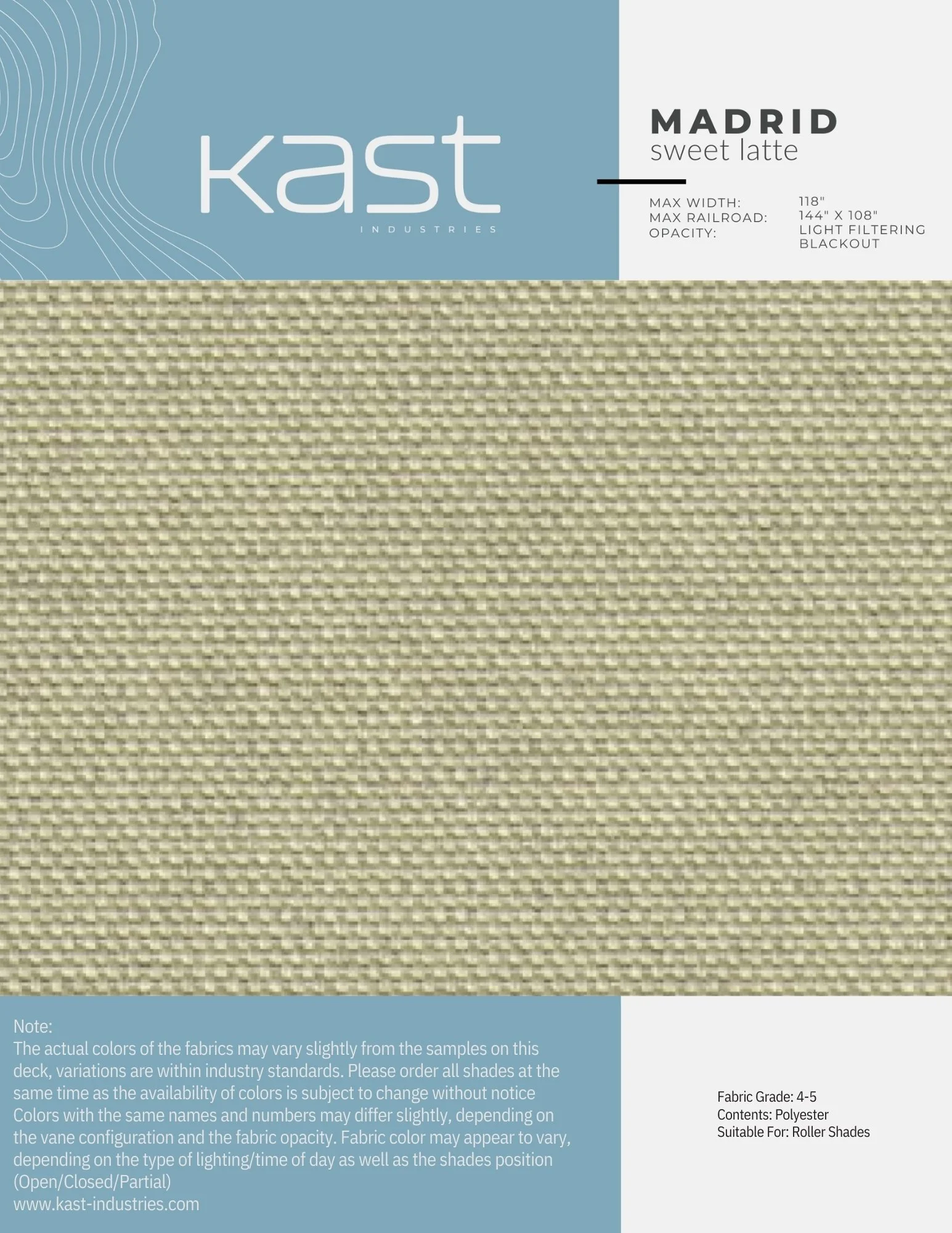 Sample fabric swatch in beige color with a textured, woven appearance, from Kast Industries, labeled as 'Madrid Sweet Latte' with fabric grade 4-5, made of polyester, suitable for roller shades.