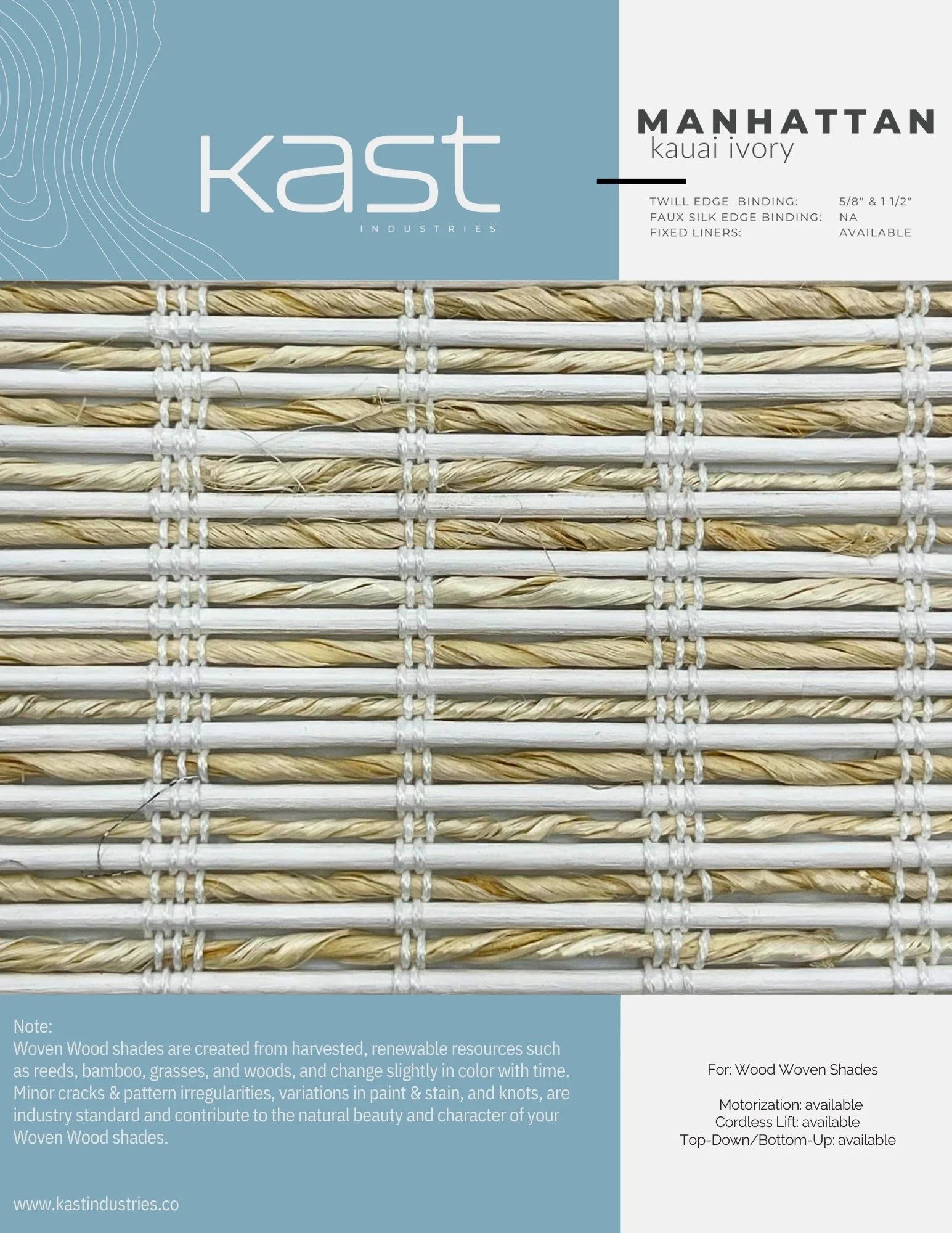 Close-up of a bamboo and wood woven shade product with a label indicating it is for Manhattan Kauai Ivory color, made by Kast Industries.