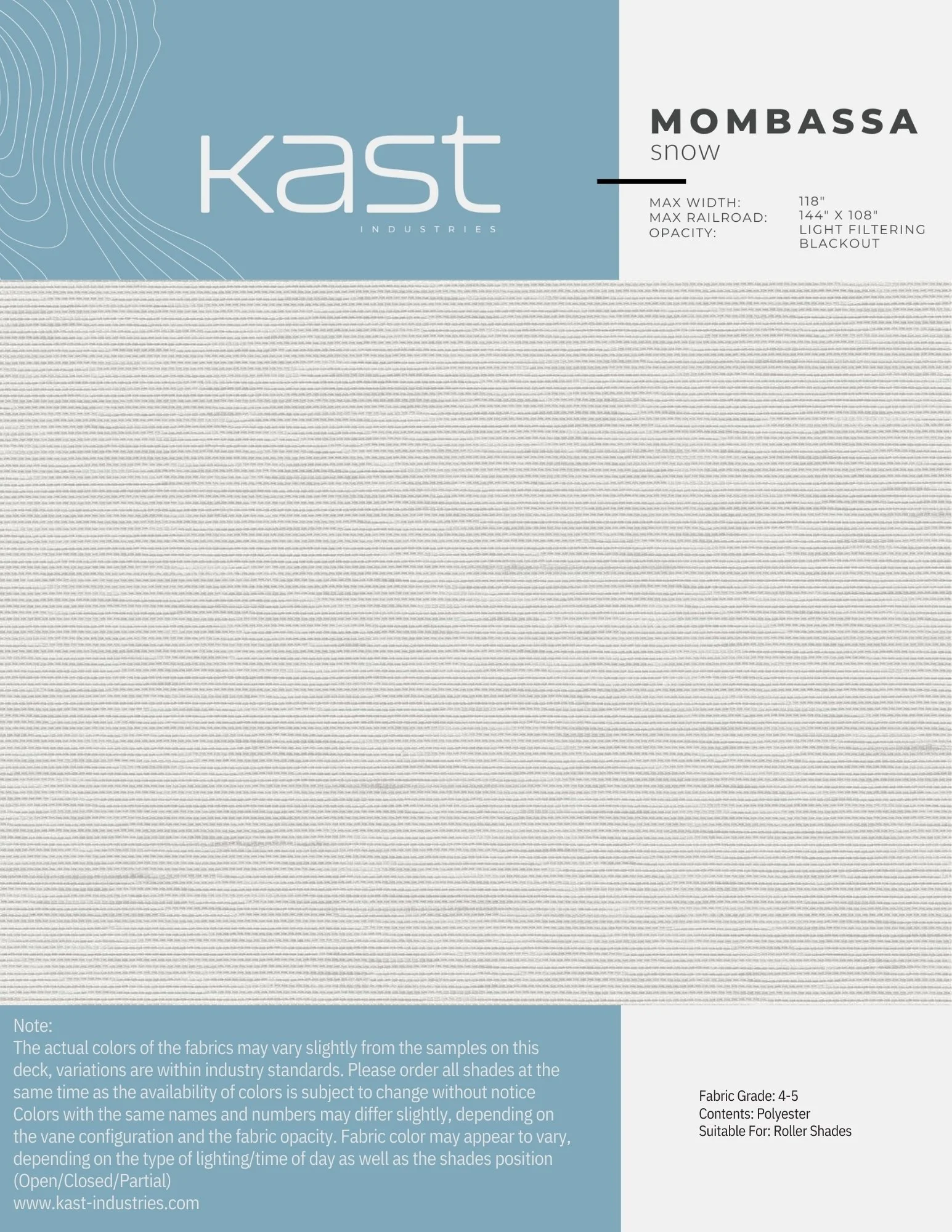 A fabric sample swatch sheet from Kast Industries labeled 'MOMBASSA SNOW', showing fabric details such as maximum width of 118 inches, maximum railroad of 144 inches by 108 inches, and properties including light filtering and blackout, made of polyes